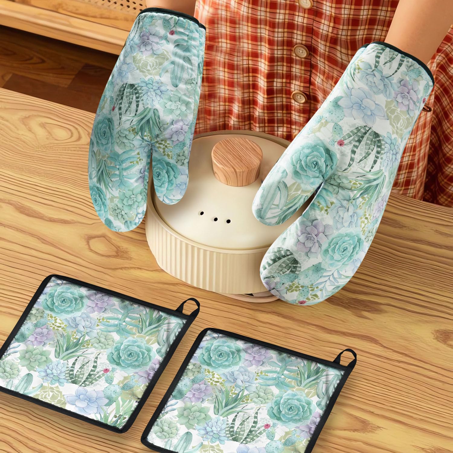 Ofenhandschuhe und Topflappen, 2er-Set, für Küche, hitzebeständige Ofenhandschuhe und heiße Pads für die Küche, weiche Ofenhandschuhe und Grillen, Backen, Grillzubehör und Zubehör