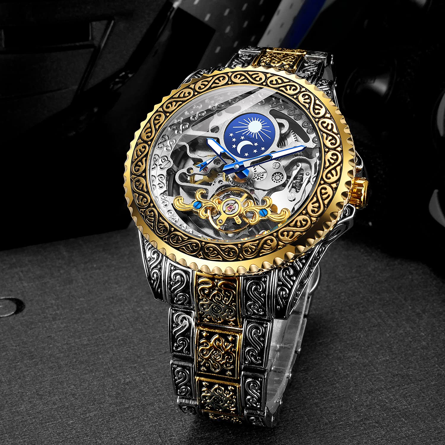 Orologio da polso automatico meccanico da uomo, scheletrato, con incisioni, stile vintage casual, cinturino in acciaio, lancette luminose