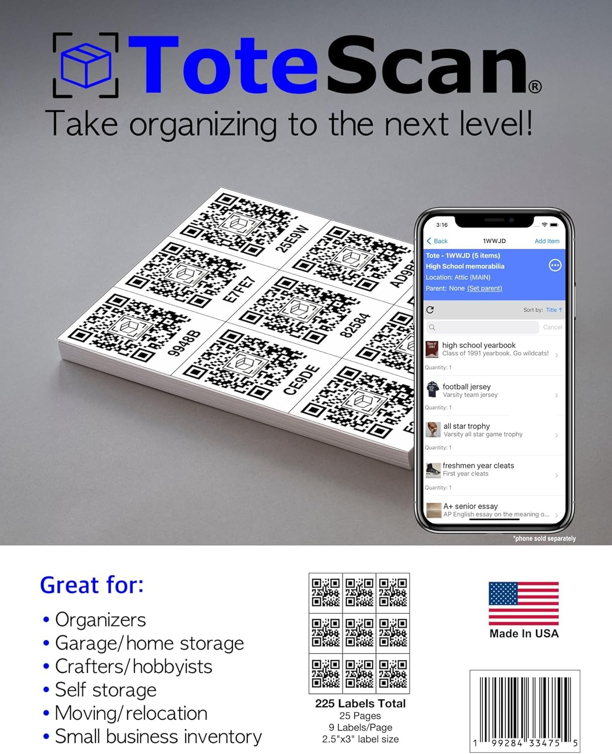 ToteScan Bulk Intelligent QR Labels for Organization/Moving/Storage (25 Pages, 9 per Page, Total of 225 Unique Labels, 2.5"x3" Size)