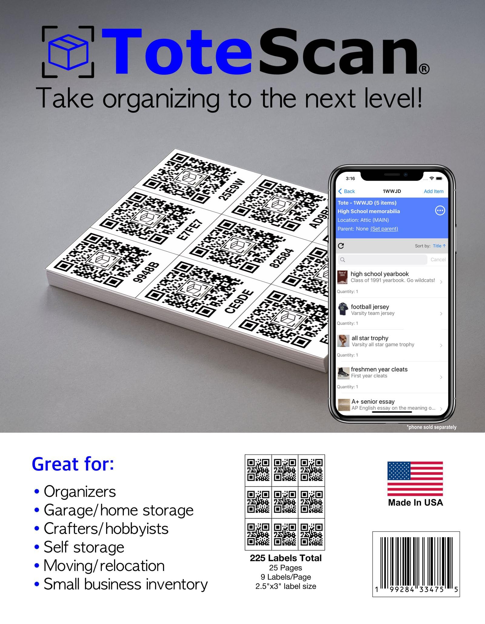 ToteScan Bulk Intelligent QR Labels for Organization/Moving/Storage (25 Pages, 9 per Page, Total of 225 Unique Labels, 2.5"x3" Size)