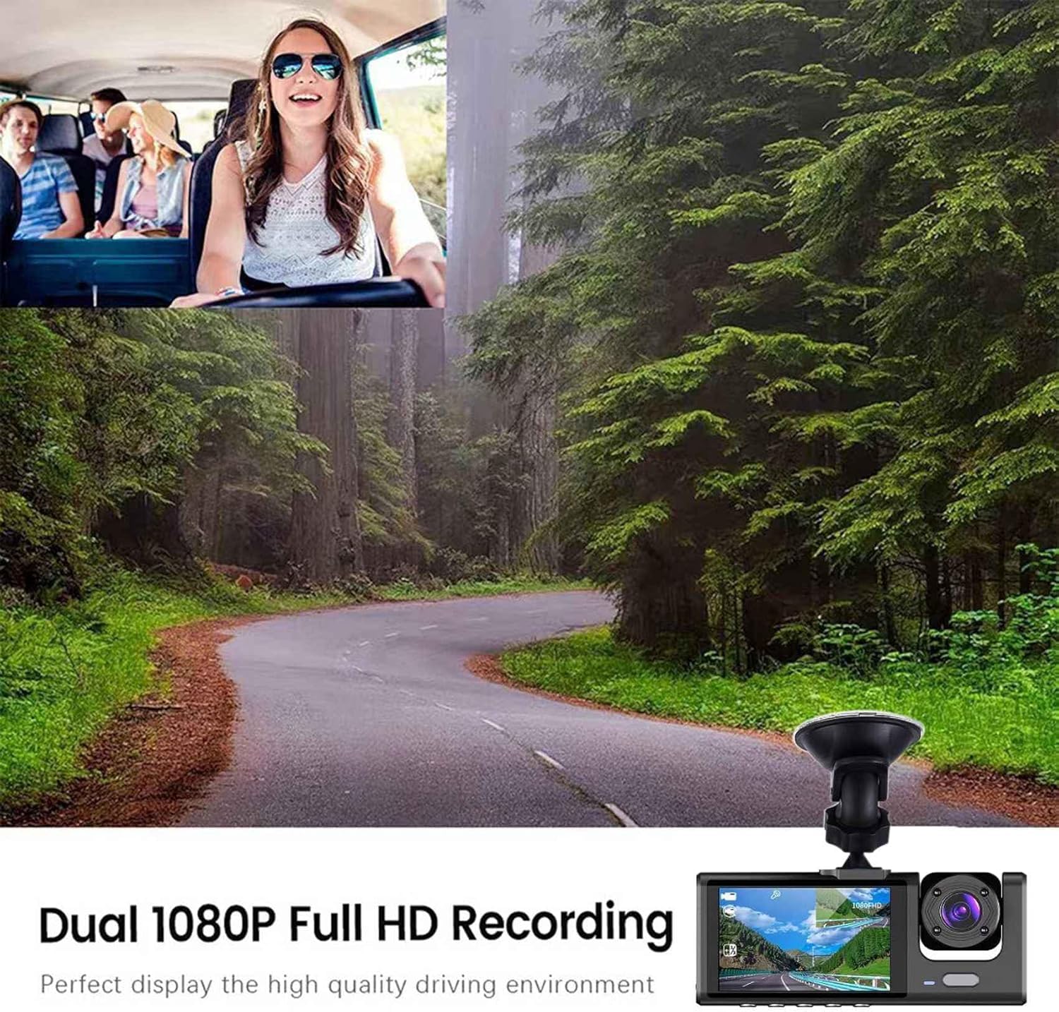 Dash Cam Auto 3 Lenti Full HD 1080P, Tripla Videocamera Frontale + Abitacolo + Posteriore, Visione Notturna, Monitoraggio Parcheggio 24H, Display Integrato, Installazione Facile con Supporto Ventosa