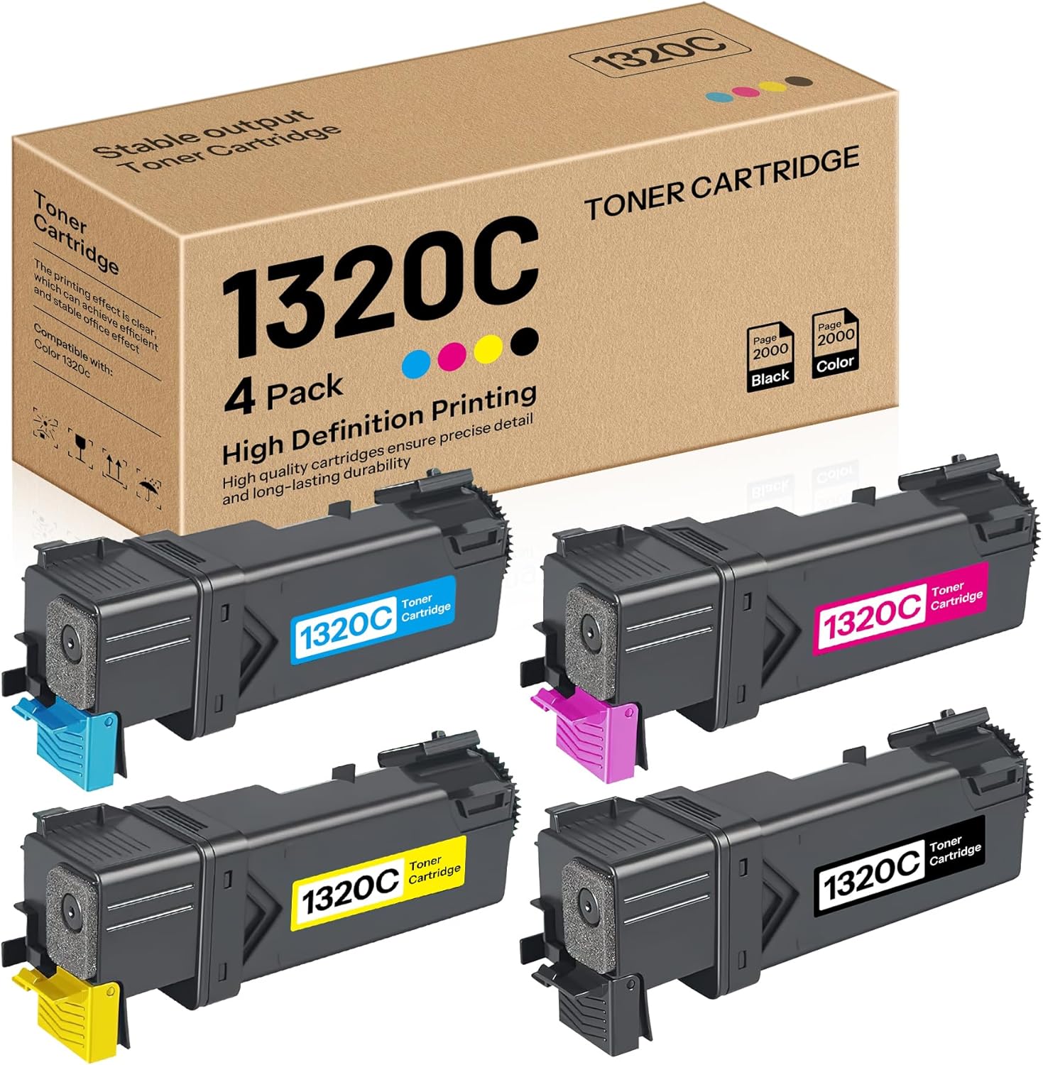 1320c High Yield Toner Cartridge Compatible Replacements for Dell Color 1320c Printer KU052 Black KU053 Cyan KU055 Magenta KU054 Yellow (4 Pack)