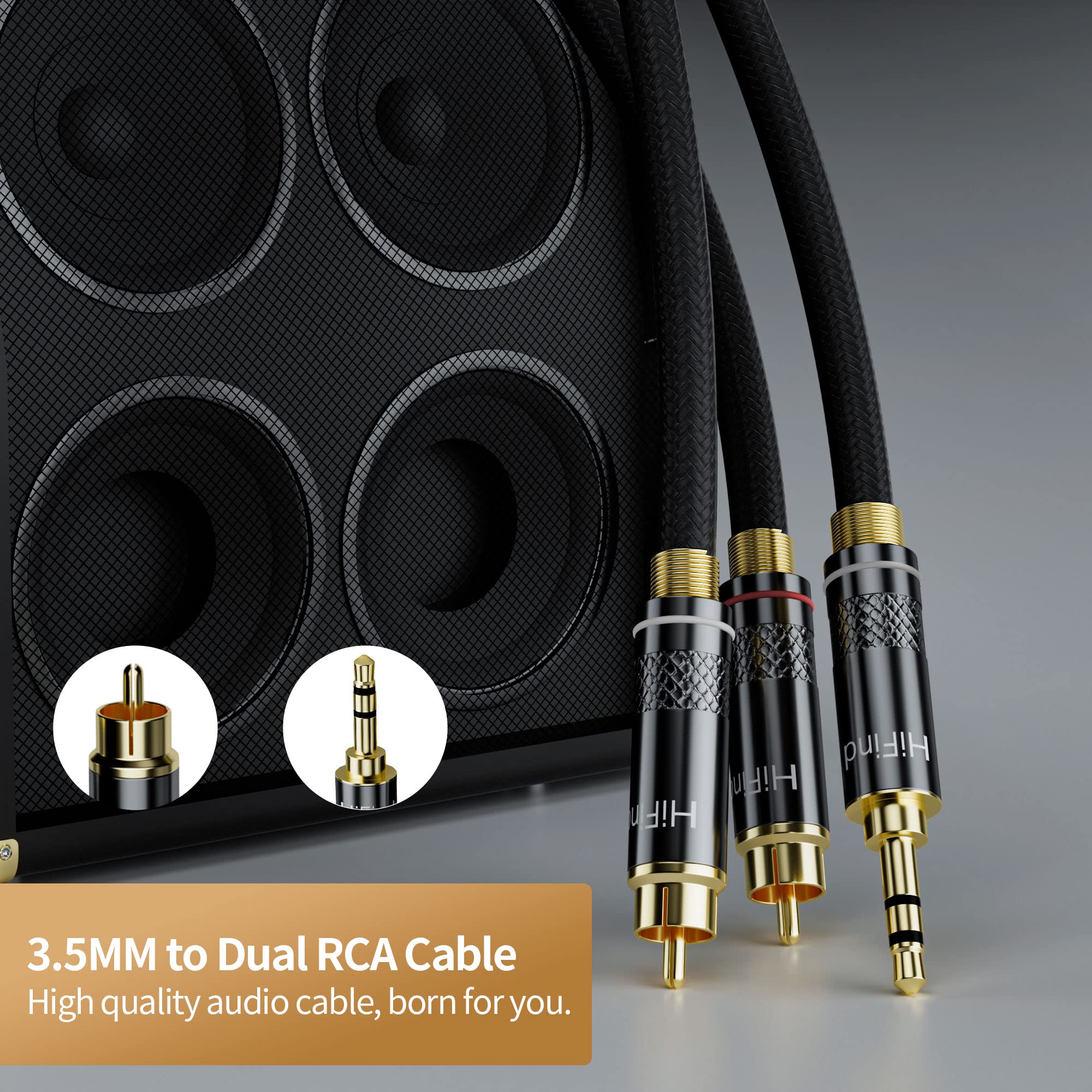 HiFind Cavo audio stereo da 3,5 mm a 2 RCA 1,2 m (suono Hi-Fi reale placcato in argento, molla SR intrecciata), 3,5 mm TRS maschio a doppio RCA maschio, cavo bidirezionale per Home Theater