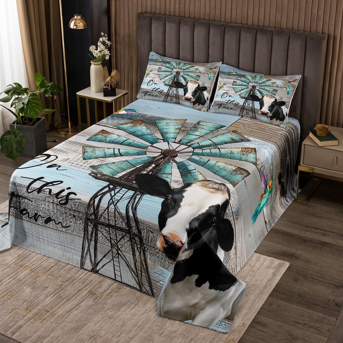 Windmill Quilt Set, Rustic Farmhouse Cabin Coverlet Set Queen Size Vintage Barn Door Bedspread Set For Kids Boys Teens Adult Bedroom Deocr,Retro Wooden Plank Western Decor Bed Set With 2 Pillow Cases