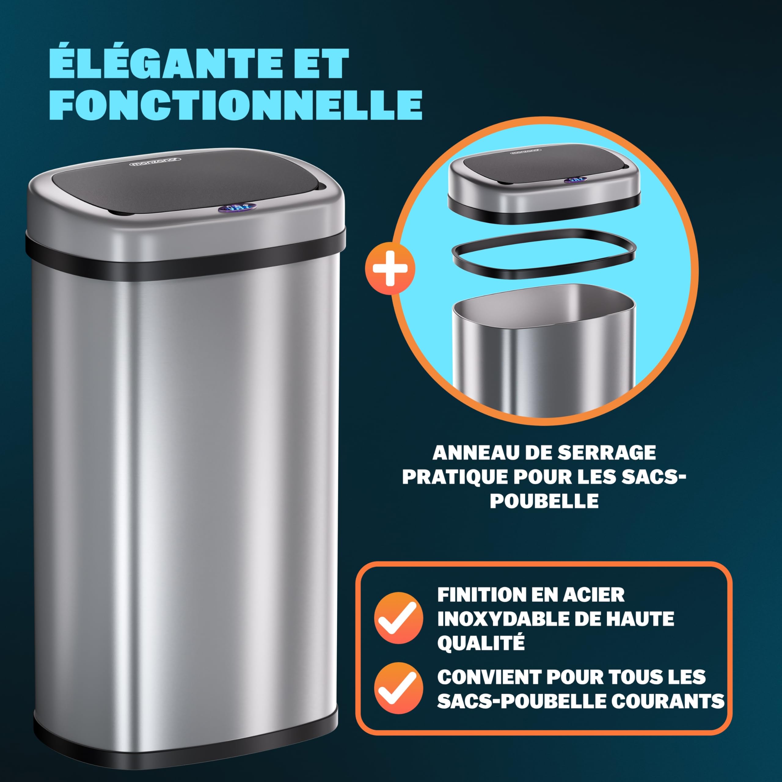 Monzana Poubelle automatique acier inoxydable 58 L capteur de mouvement USB argent