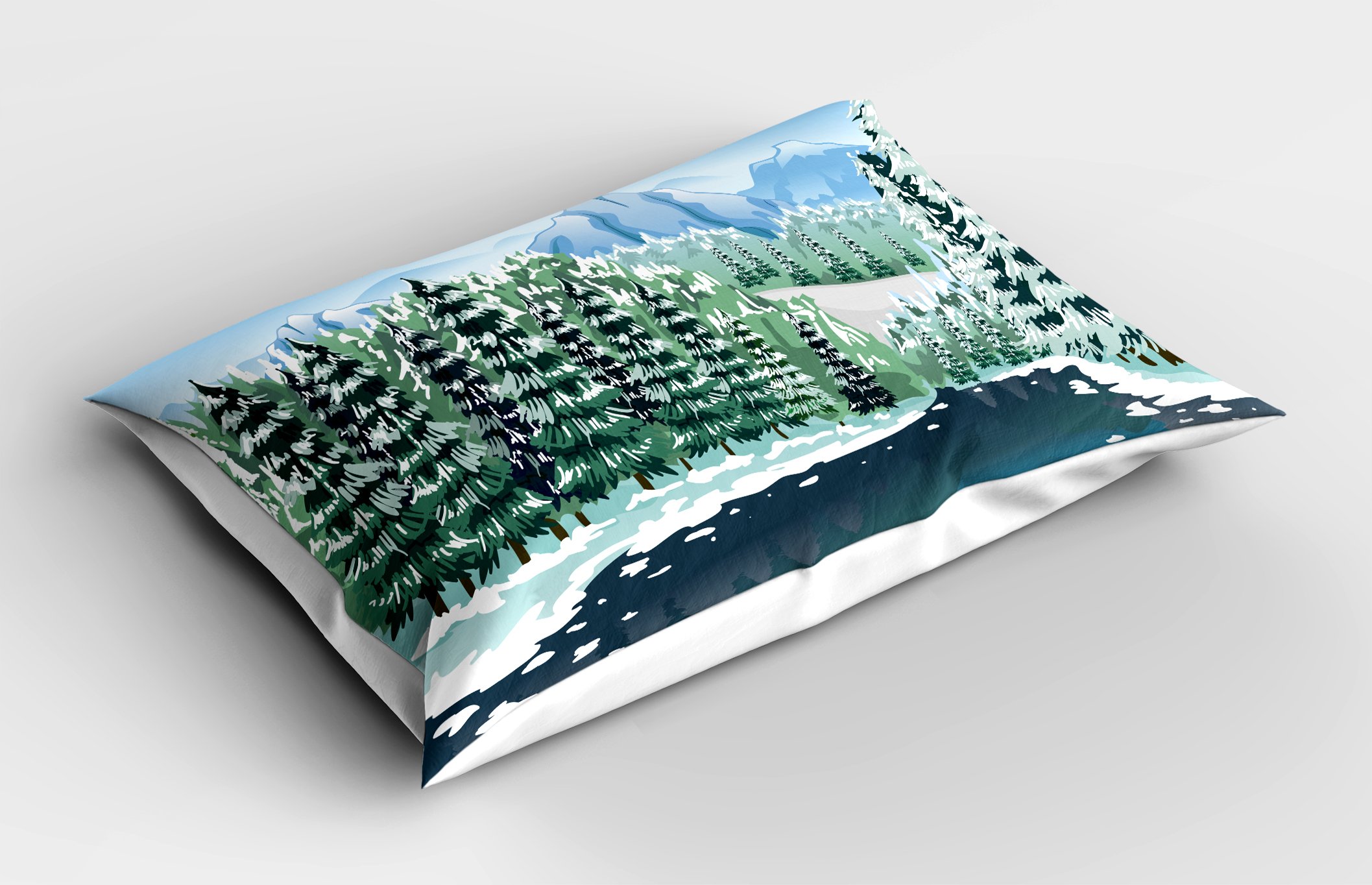 Ambesonne Forest Pillow Sham, Wildwood in Winter Season with Snowy Mountains and Frozen River Cartoon Style, Decorative Standard Size Printed Pillowcase, 26