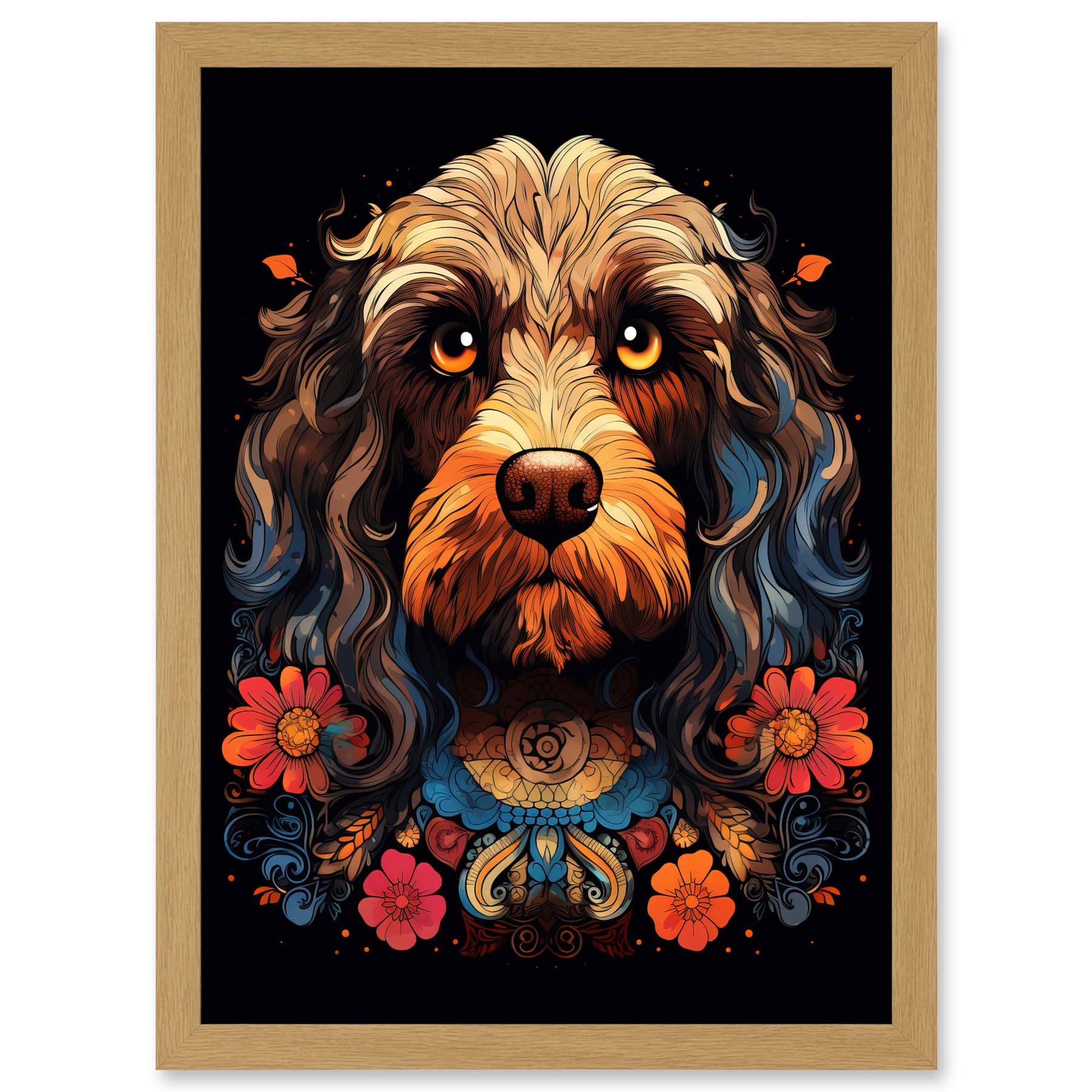 Artery8 Cockapoo Dog with Ornate Collar and Flowers Symmetrical Floral Artwork Orange Pink Blue Tribal Design on Black Artwork Framed A3 Wall Art Print