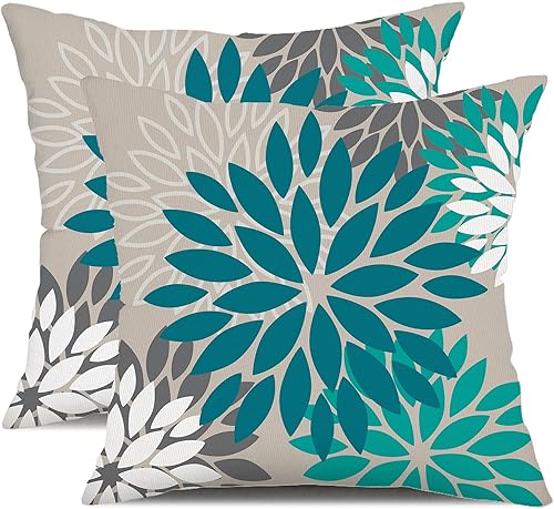 DFXSZ - Juego de 2 fundas de cojín de poliéster de 20 x 20 pulgadas para exterior, diseño floral azul oscuro, verde y verde azulado, impermeables,