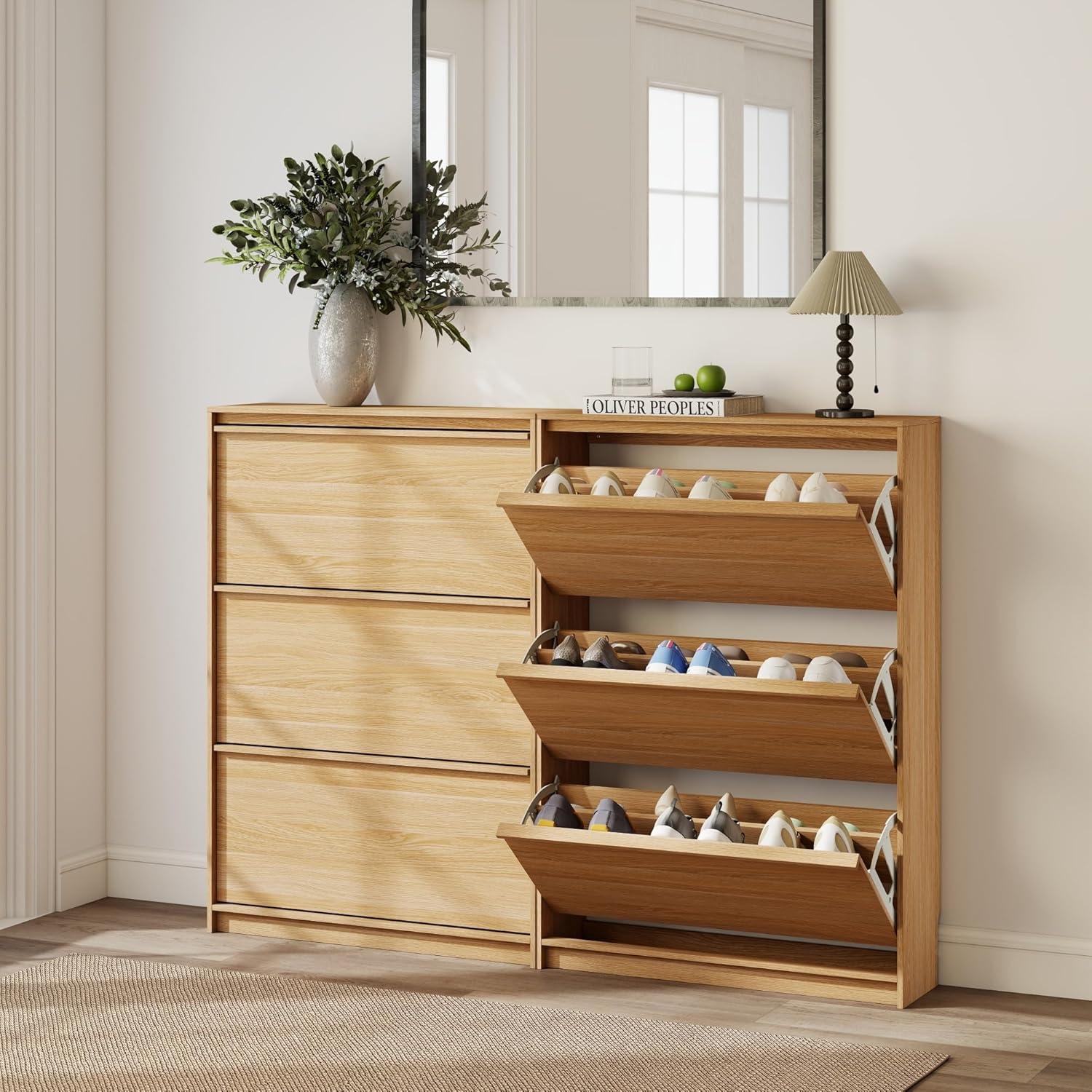 Shoe Cabinet with 3 Flip Drawers, 31.5" W Narrow Shoe Storage Cabinet for Entryway, Slim Shoe Organizer with Adjustable Shelves, Freestanding Shoe Rack for Hallway, Living Room, Oak