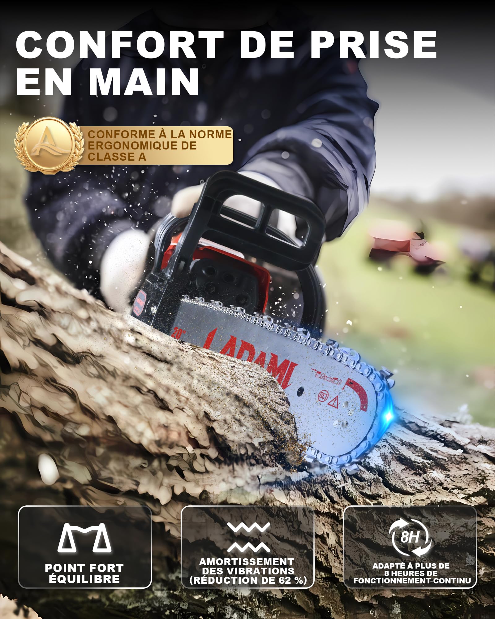 Tronçonneuse thermique 58cm³ professionnelle, moteur 2 temps, 3,5CV, avec guide-chaîne de 50 cm et 40cm, 2 chaînes, idéale pour l'entretien des arbres, l'exploitation forestière et le jardinage