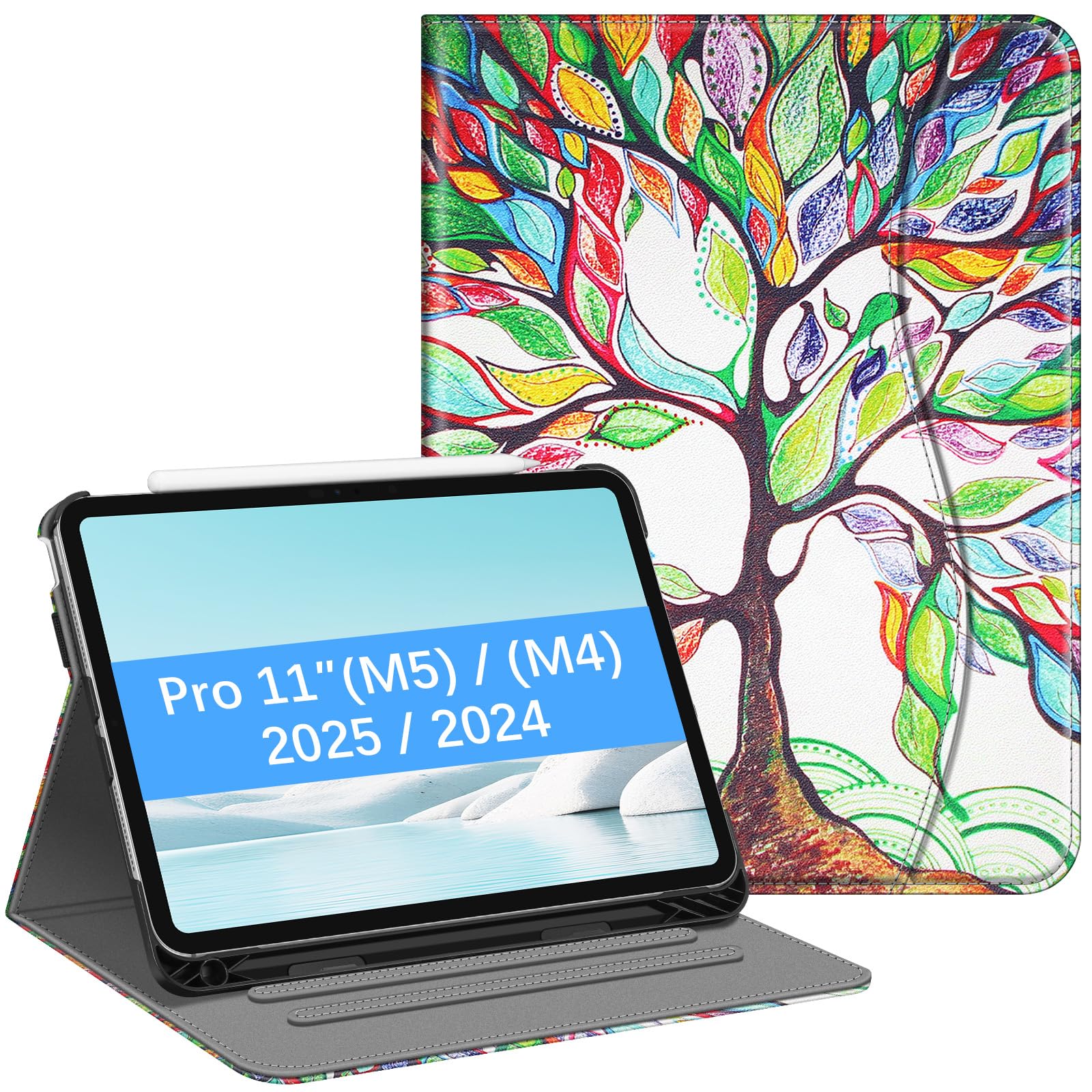 Fintie Folio Case for iPad Pro 11-inch (M4) 2024 (Model Number: A2836/A2837/A3006) - Multiple Angles Viewing Stand Cover with Pencil Holder & Pocket, Auto Wake/Sleep, Love Tree