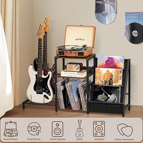 Miniatura 13 de LELELINKY Mesa para tocadiscos, estante giratorio con almacenamiento de vinilo de hasta 150 álbumes, mesa auxiliar blanca con estante para libros