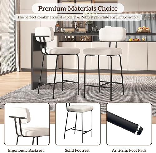 Miniatura 4 de Juego de 4 taburetes de bar, taburetes de cocina con respaldos y patas de metal, taburetes de bar de 26 pulgadas para altura de mostrador, tela en