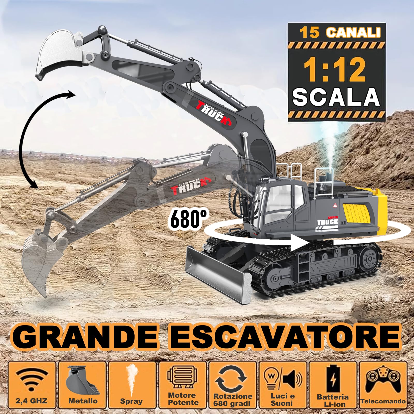 1:12 Escala 15 Canales Gran Excavadora teledirigida para niños, excavadoras radiocontroladas, con luces, sonido de funcionamiento, pala metálica, demo de un toque, pulverización simulada, 680°