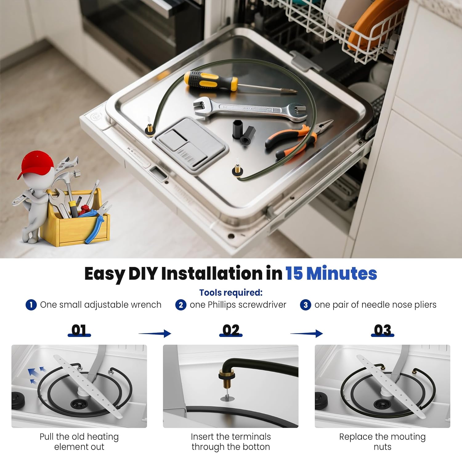 W10518394 Dishwasher Heating Element Replacement for Whirlpool Kenmore Maytag Amana Dishwashers, Compatible with 8194250 8563007 8572861 W10134009 W10441445 W10518394VP By Improvedhand