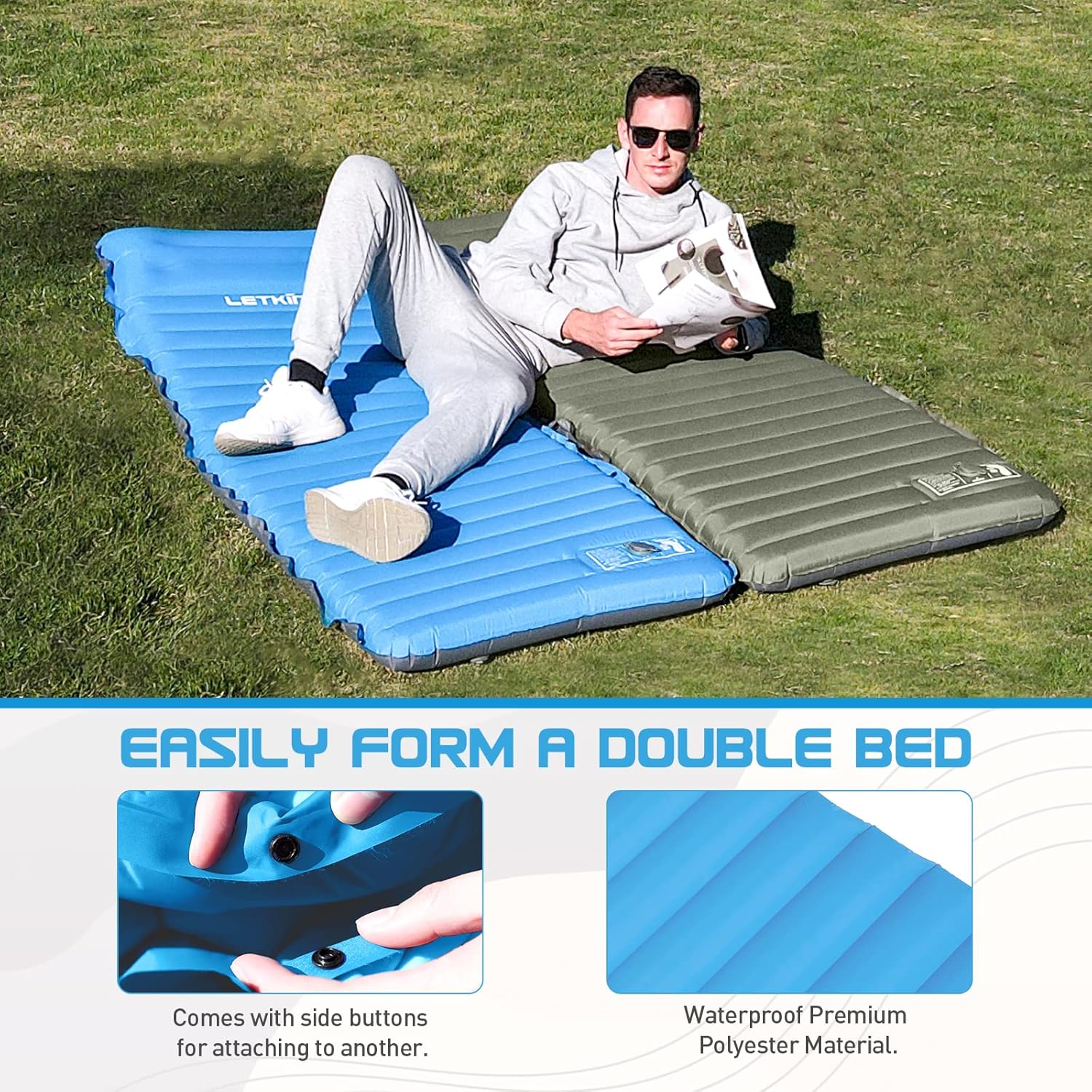 Sleeping Pad for Camping with Pillow, 4" Thickness Camping Pads with Built-in Pump, Self Inflatable Backpacking Sleeping Mattress for Hiking, Tent, Travel by LETKIND (Blue/Gray) : Sports & Outdoors
