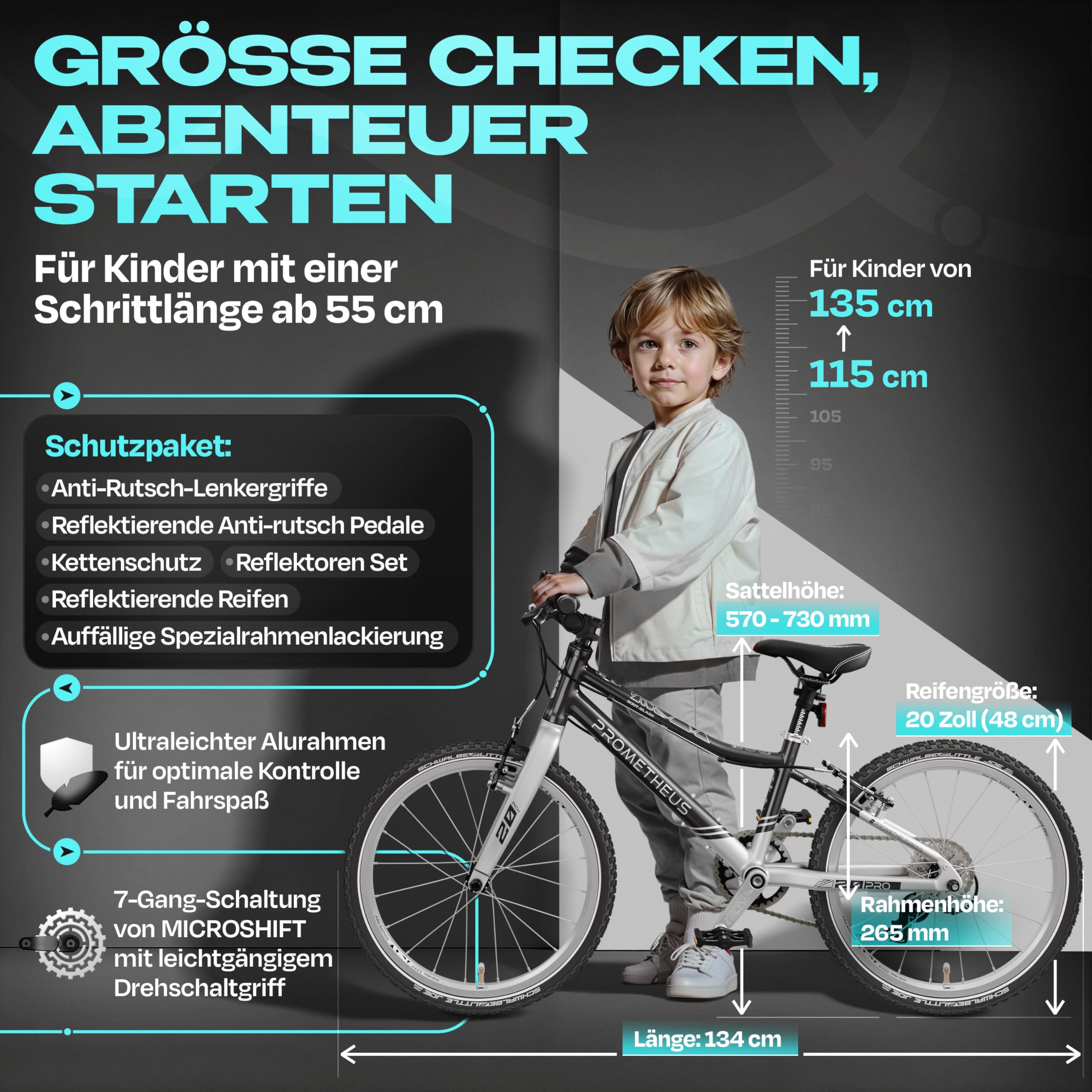 PROMETHEUS BICYCLES PRO Kinderfahrrad 20 Zoll Jungen Mädchen | Premium 20 Zoll Fahrrad Junge Aluminium Super leicht ab 6 Jahre
