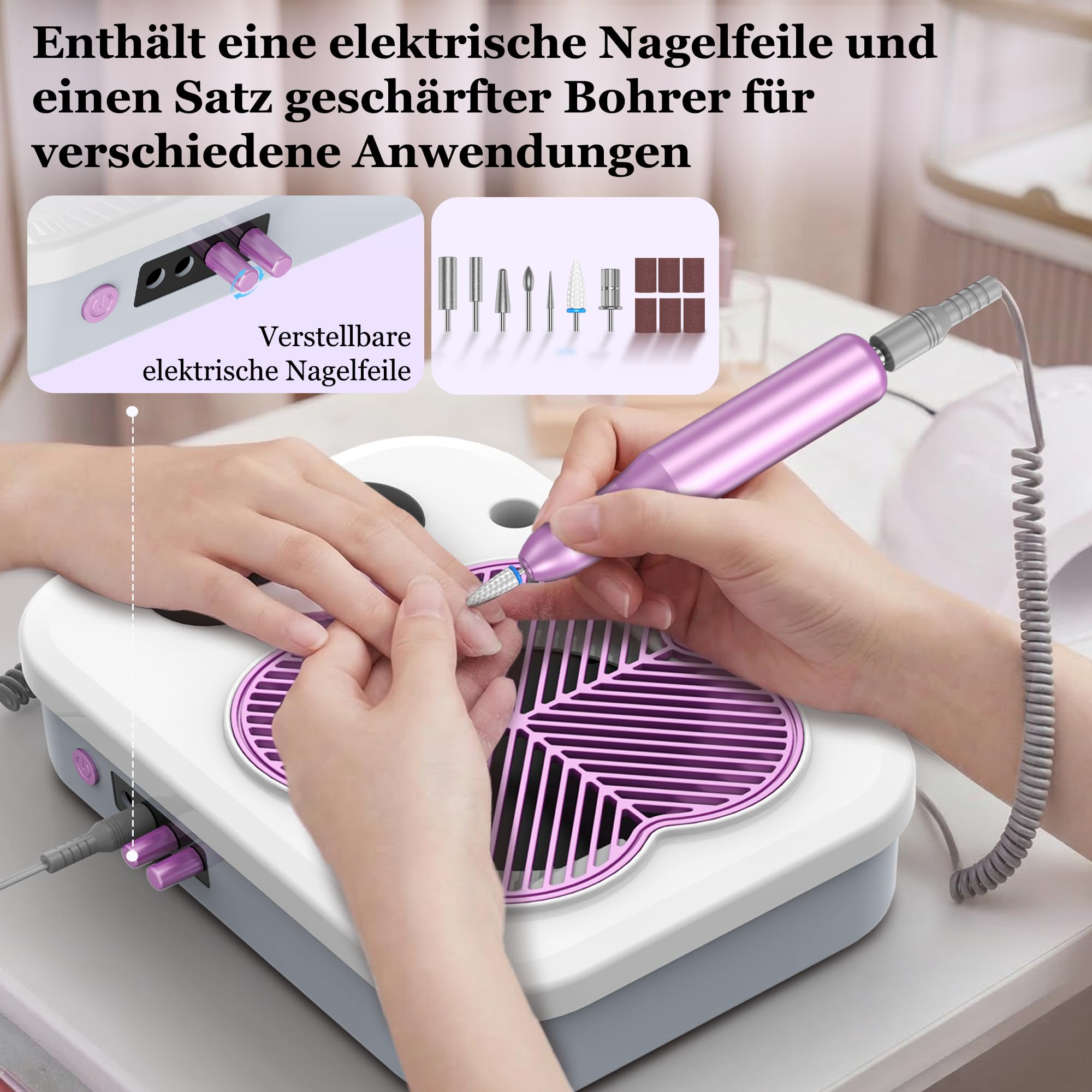 Aspirador de uñas 3 en 1 con lima de uñas eléctrica y lámpara UV LED: aspiradora de uñas ajustable con 3400 rpm. Para técnico de uñas acrílicas. Manicura profesional en salón y en casa