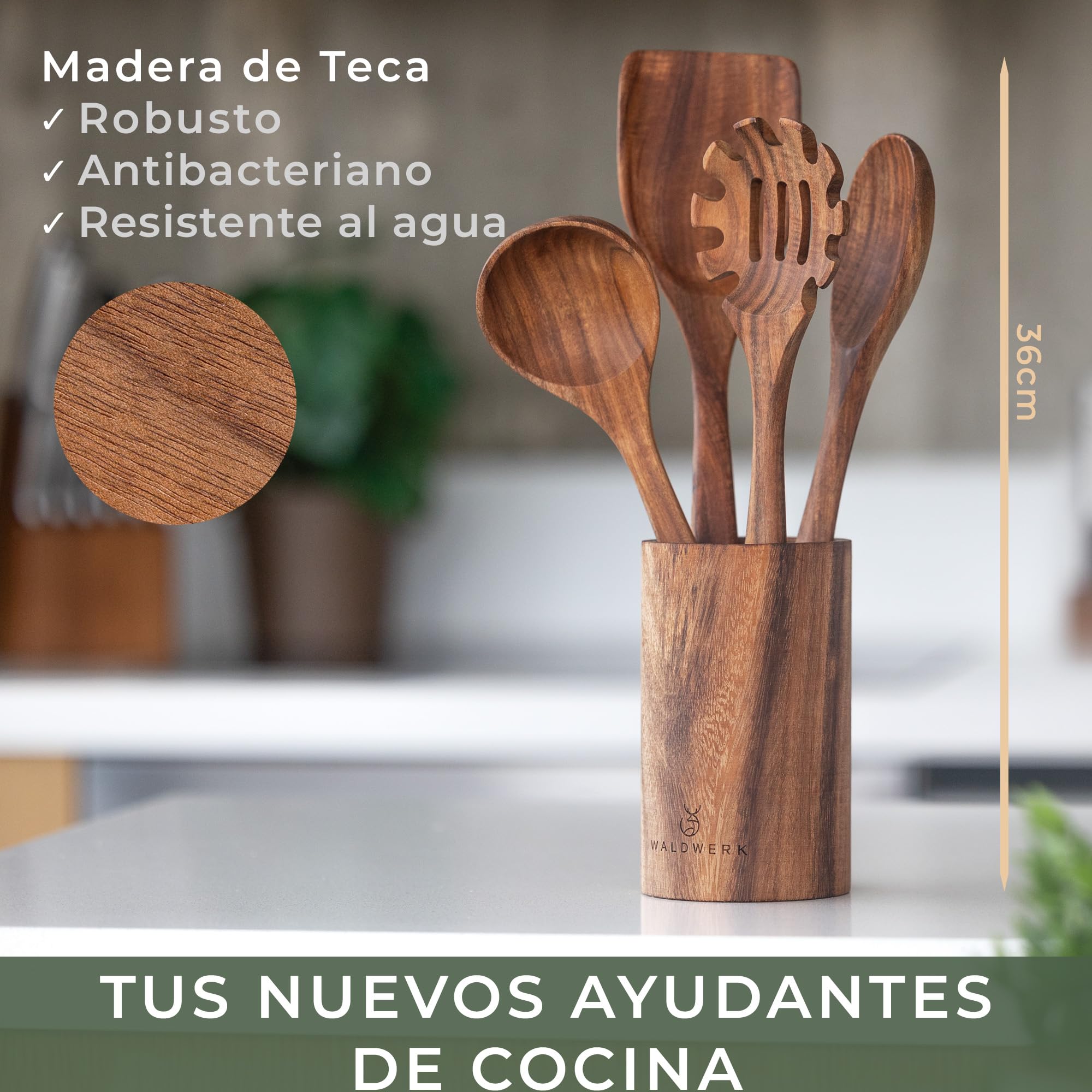 WALDWERK Utensilios de cocina madera teca – Set de 4 cucharas con espátula, cuchara de madera, cucharón para pasta y soporte – Accesorios cocina de madera – Utensilios cocina