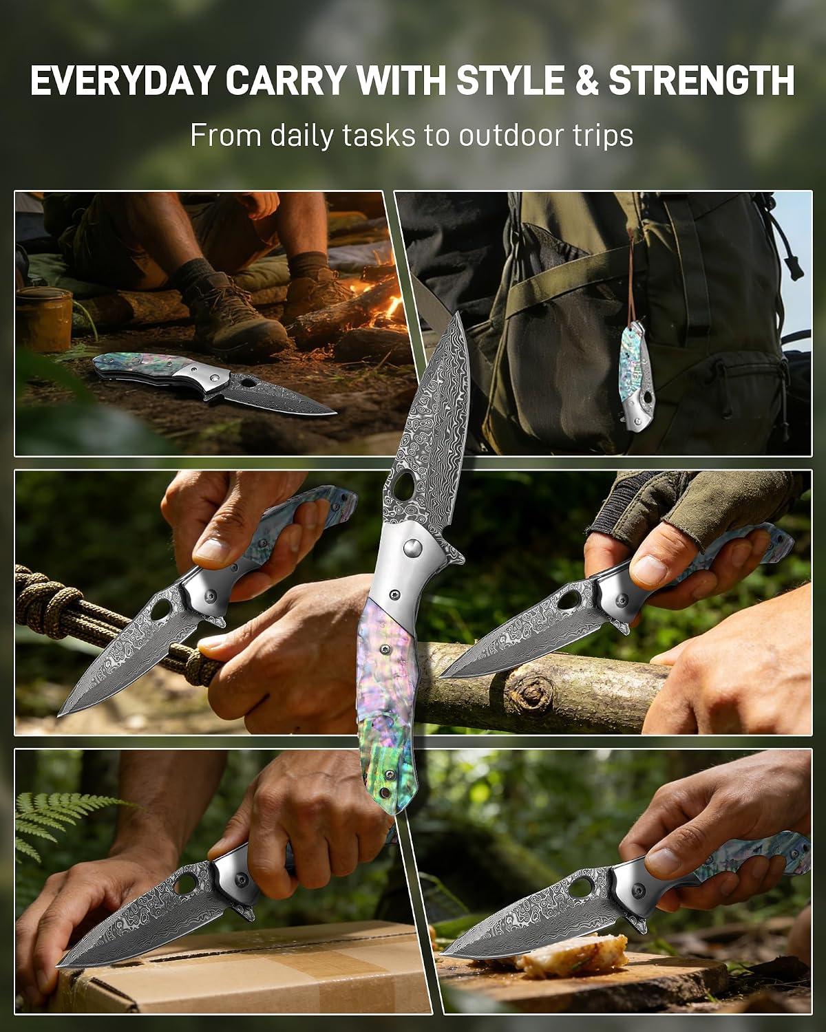 Damascus Folding Pocket Knife, 3.27" VG10 Steel Blade, Genuine Rainbow Handle Small EDC Knife with Pocket Clip for Men Women, Camping Hiking Utility Knife