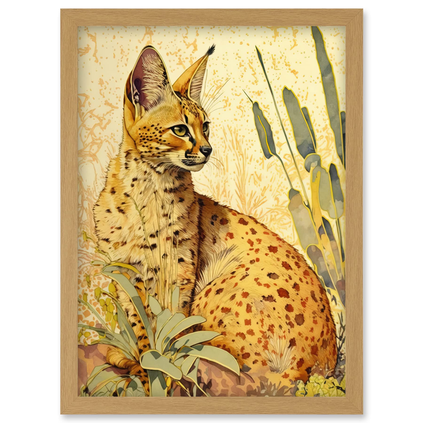 Artery8 Serval Cat in Nature Detailed Watercolour and Ink Bright Illustration Artwork Framed Wall Art Print A4