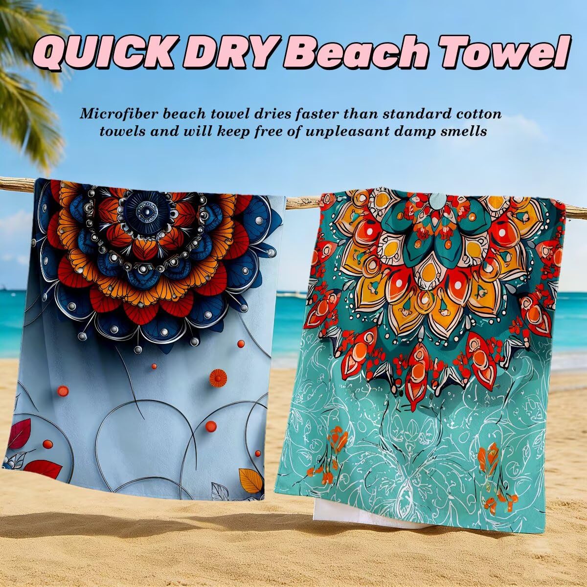 Toalla Playa 100x200 cm, Toalla Gimnasio Microfibra Secado Rapido, Juego de 2 Antiarena Toallas de Playa, Ligera Compacta Toallas Microfibra Grande para Viaje, Regalo Hombre Mujer (Mandala) -5081