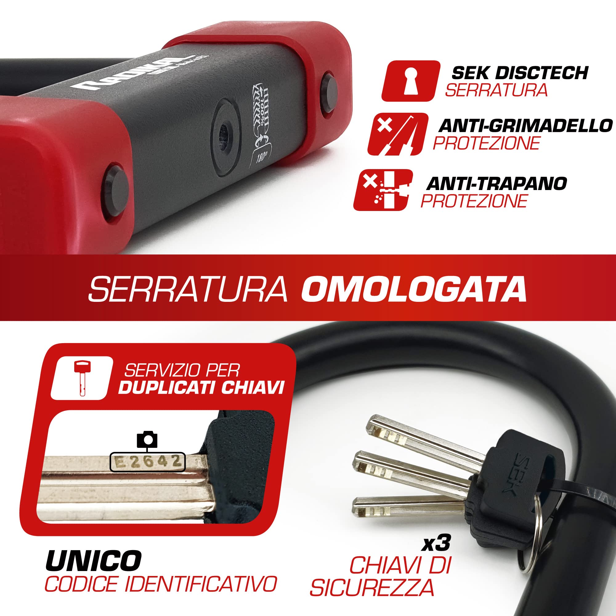 RADIKAL RK120125 Lucchetto a U Premium Omologato SRA, 120x125mm, Blocco Ceppo Ruota, Arco ø18mm Acciaio Cementato Rivestito a Doppio Chiusura, Serratura Antifurto U Lock Moto Scooter