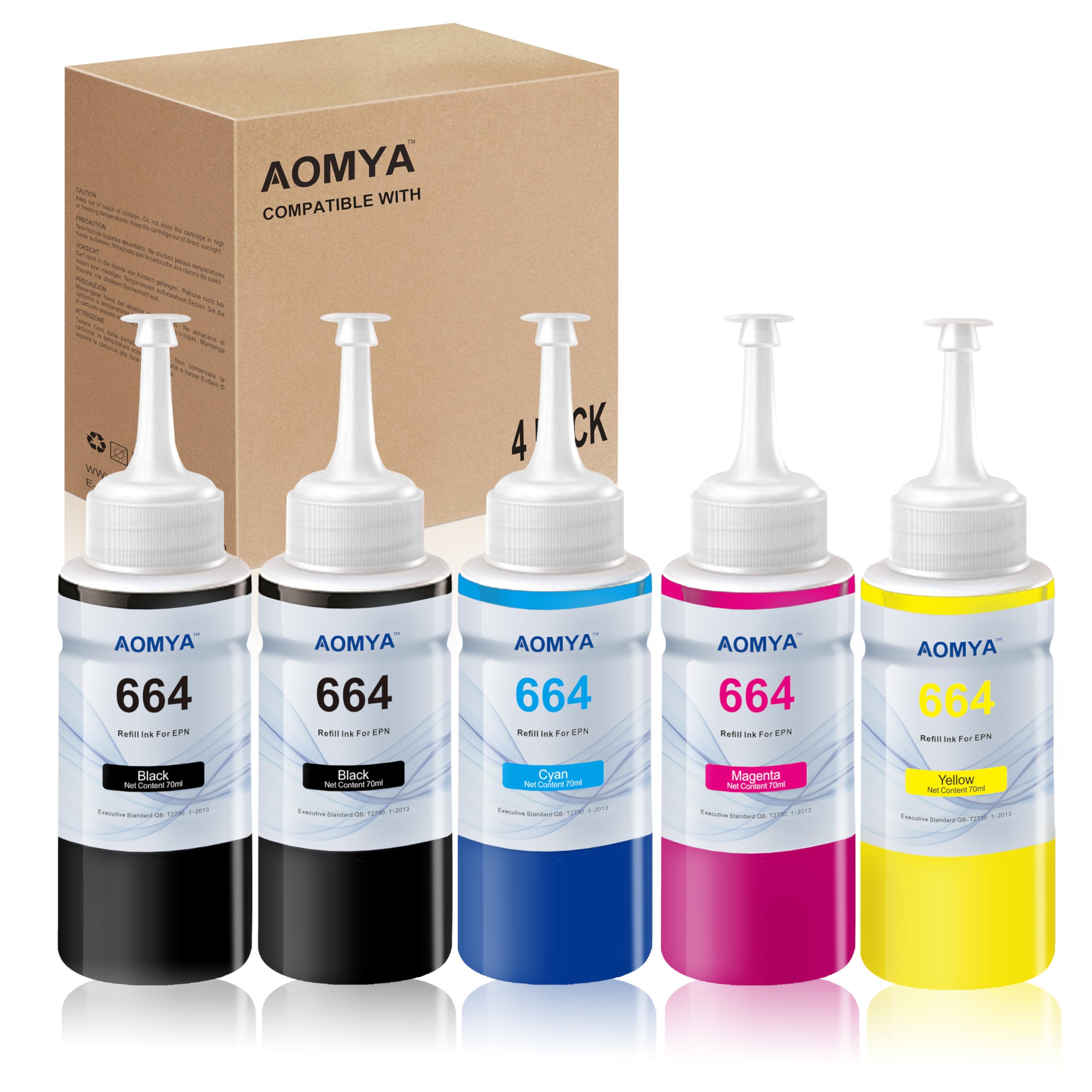 Aomya664 Ink Refill Bottles T664 Ink Replacement for ET-2650 ET-2500 ET-2550 ET-2600 ET-16500 ET-4500 ET-4550 L100 L110 L120 L200 L210 L300 L350 L355 L550 L555 Printers（5 Packs）