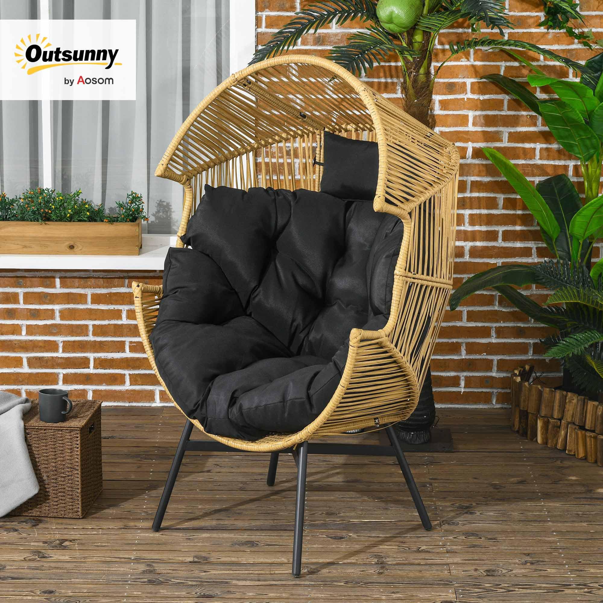 Outsunny Sillón de Ratán Sintético Silla de Terraza en Forma de Huevo con Reposacabezas Acolchado Cojín y Marco de Acero para Jardín Balcón 89x75x143 cm Arena y Negro
