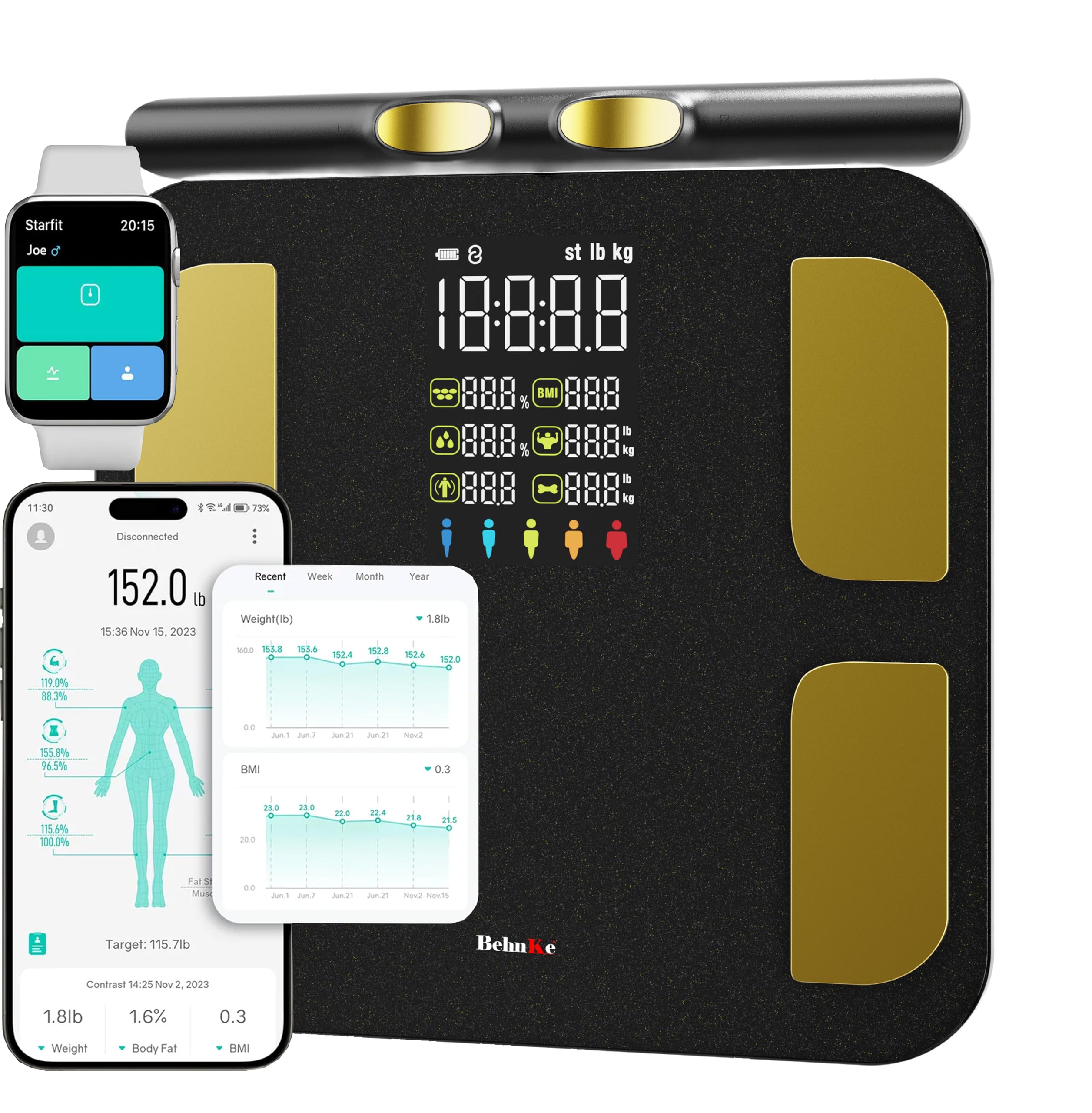 Behnke Báscula inteligente, 8 electrodos, masa muscular de grasa corporal, analizador de composición corporal de alta precisión con BMR, medición de músculos y grasa, pantalla grande, capacidad de 400