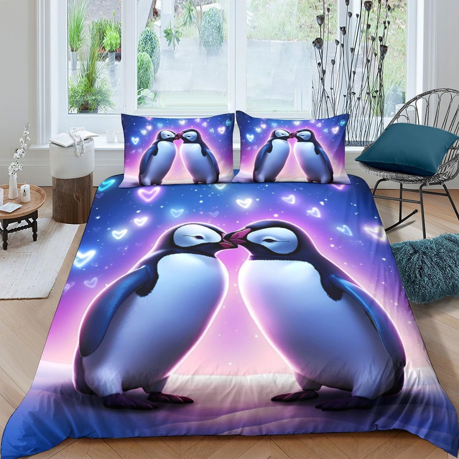 GPLZQXKJNH 3D Printed Kissing Penguins Duvet Cover Microfiber Soft Breathable Aurora Bedding Set with 2 Pillowcases for Bedroom Decor Single（135x200cm）