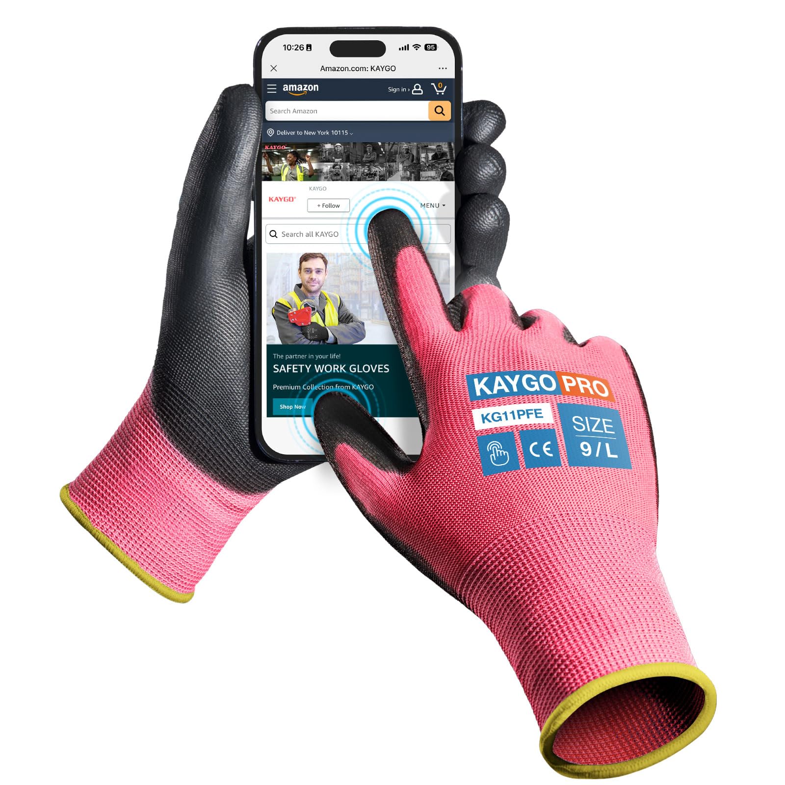 KAYGO Work Gloves PU Coated for Men and Women, 12 Pairs Safety Work Gloves with Two Fingers Touchscreen, Breathable and Lightweight,Ideal for Light