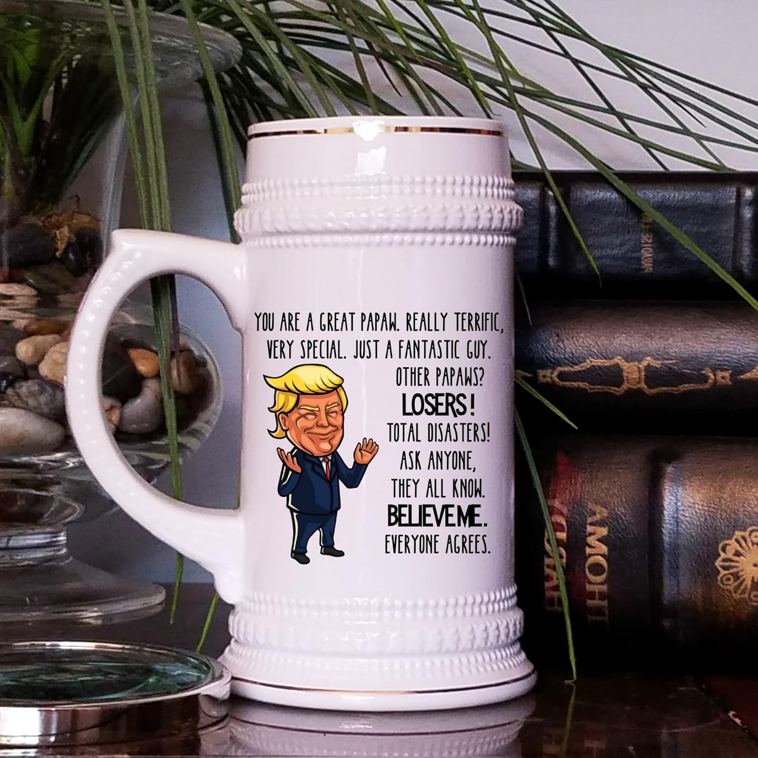 Trump Papaw Beer Mug for Grandpa from Grandkids Funny Birthday Idea for Grandfather Appreciation Republican Conservative Papa Political 22 Oz. Ceramic Stein for Men