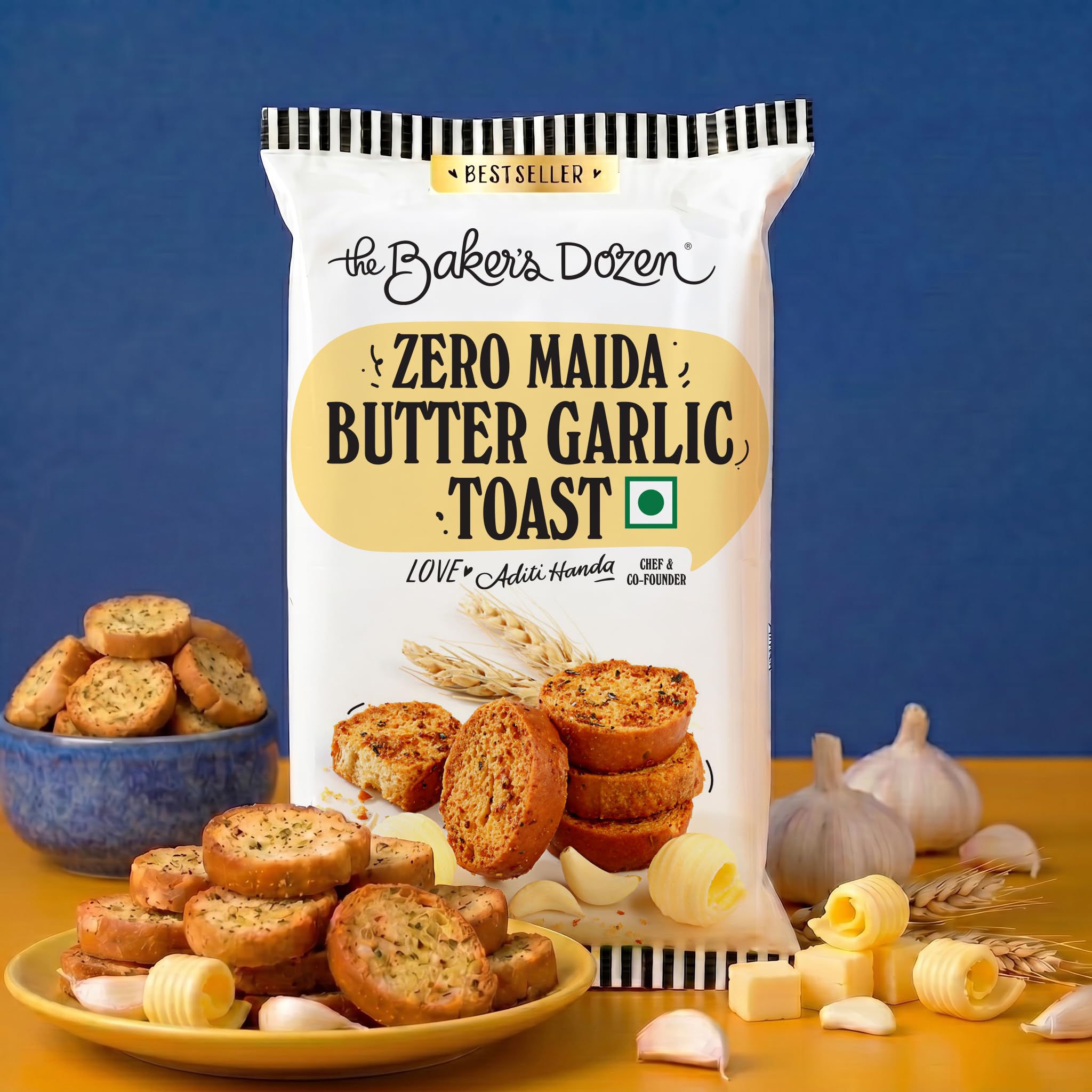 The Baker's Dozen Zero Maida Butter Garlic Toast | Zero Palm Oil | Zero Trans Fat | Zero Preservatives | Garlicky Butter Bliss Toasts | 100% Wholewheat | Flavoured with Garlic and Butter | Handcrafted with Love by Aditi Handa - Chef & Co-Founder | Pack of 1 X 90g-image-38