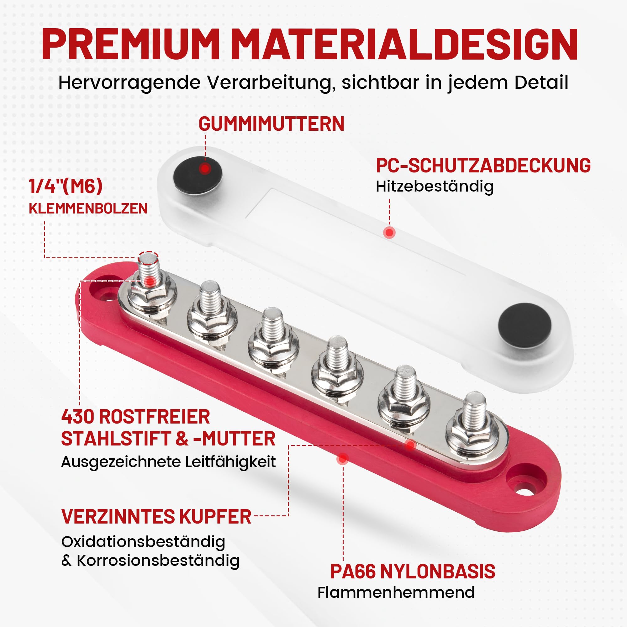 RED WOLF 150A Sammelschienen Verteilerblock mit 6x M6 Klemmenbolzen, Positive Masse Stromverteilungsblock Busbar für Auto Marine RV Wohnmobil Lkw Elektrik System Klemmleisten