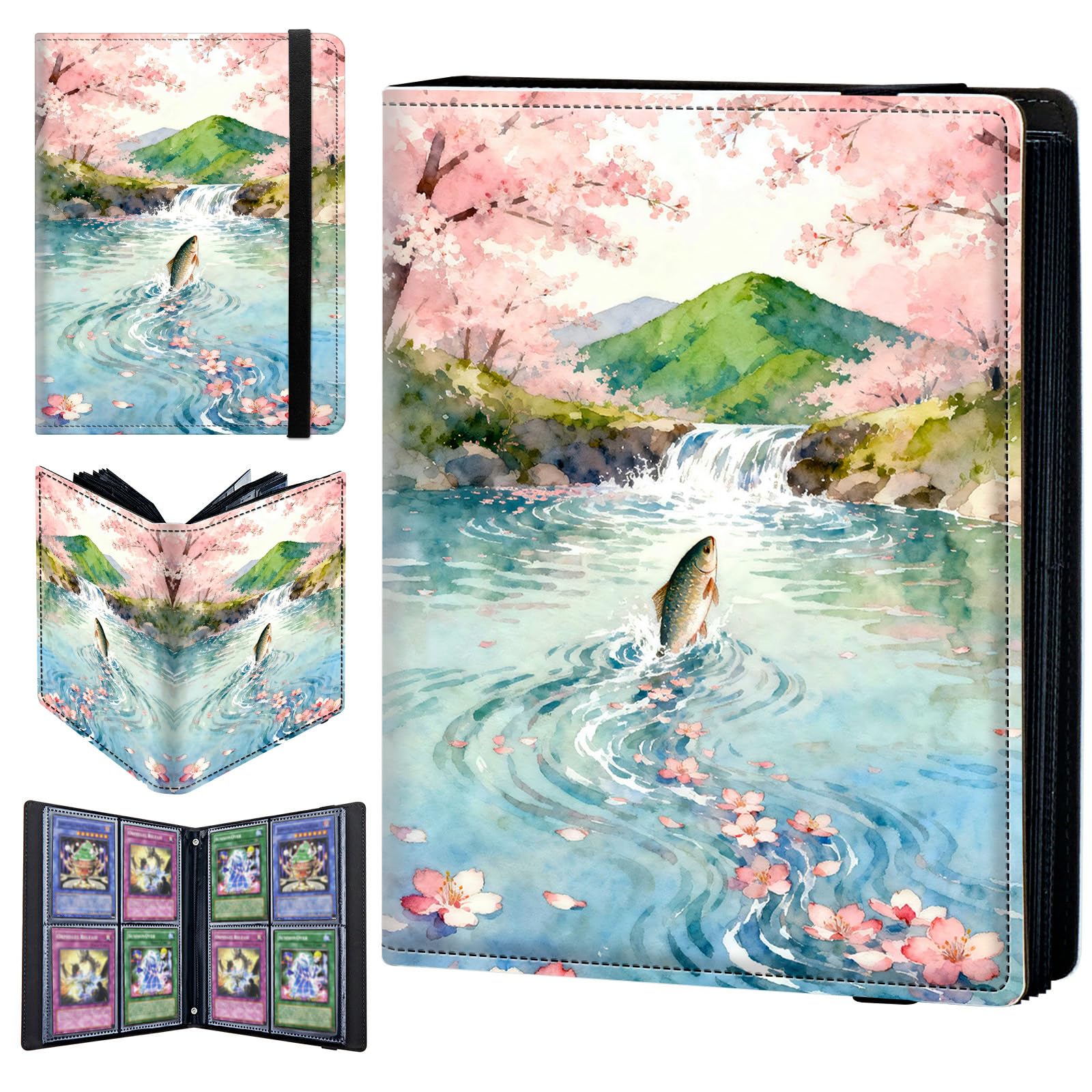 4 Pocket Trading Card Binder 240 Side Loading Pocket Album with Cherry Blossom Tree Fish Pattern Design Card Binder for Sports Cards & Game Cards