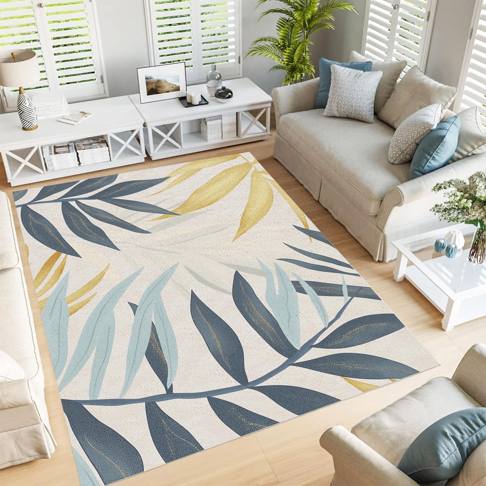 Tapis de salon feuilles linéaires moderne 120x180cm pour chambre adulte
