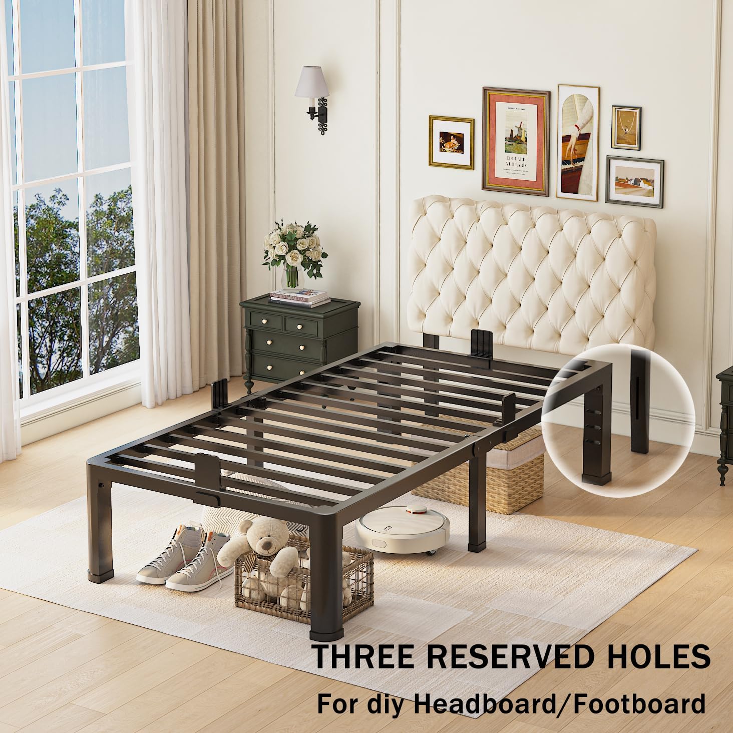 14 inch Twin Bed Frame with Rounded Corner Legs and Headboard Hole Mattress Slide Stopper 3500 LBS Heavy Duty Support Metal Platform,No Box Spring Needed, Noise Free, Easy Assembly