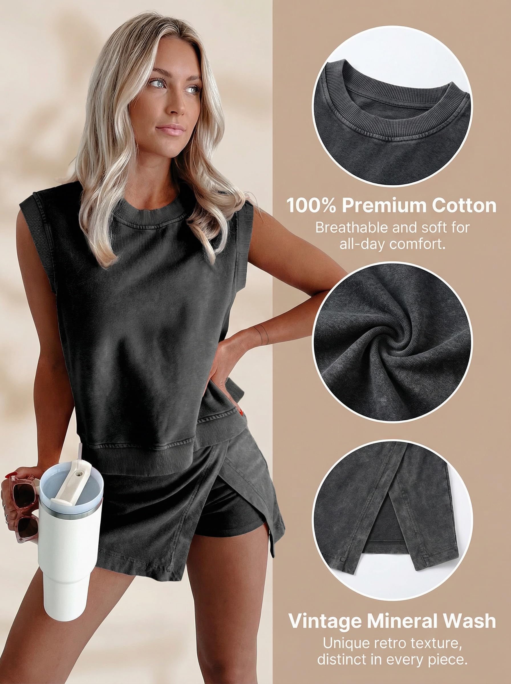 KevaMolly Completo da viaggio estivo da donna, set da salotto in due pezzi con canotta in cotone lavato minerale foderato con gonna atletica