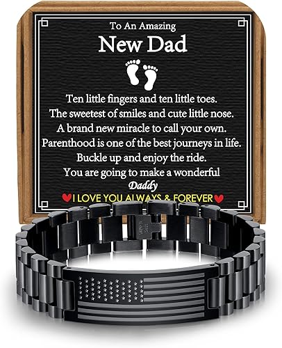 Gifts for Dad Stepdad New Dad Husband, Stainless Steel American Flag Watch Bracelet Birthday Fathers Day Christmas Jewelry Gifts for Men