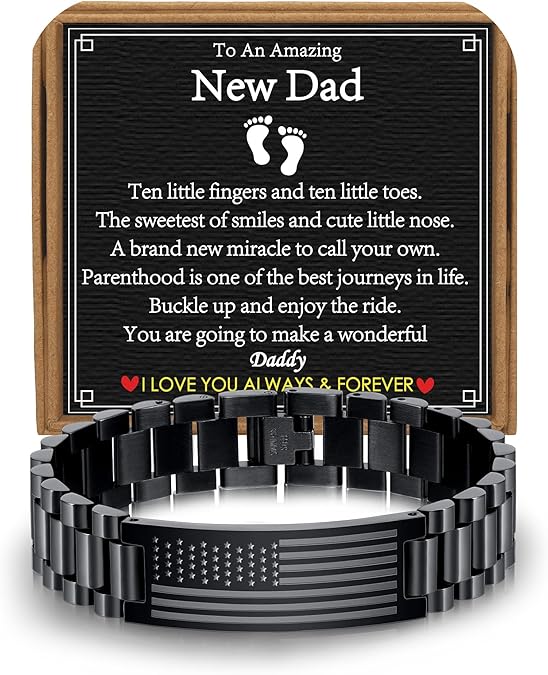 Gifts for Dad Stepdad New Dad Husband, Stainless Steel American Flag Watch Bracelet Birthday Fathers Day Christmas Jewelry Gifts for Men