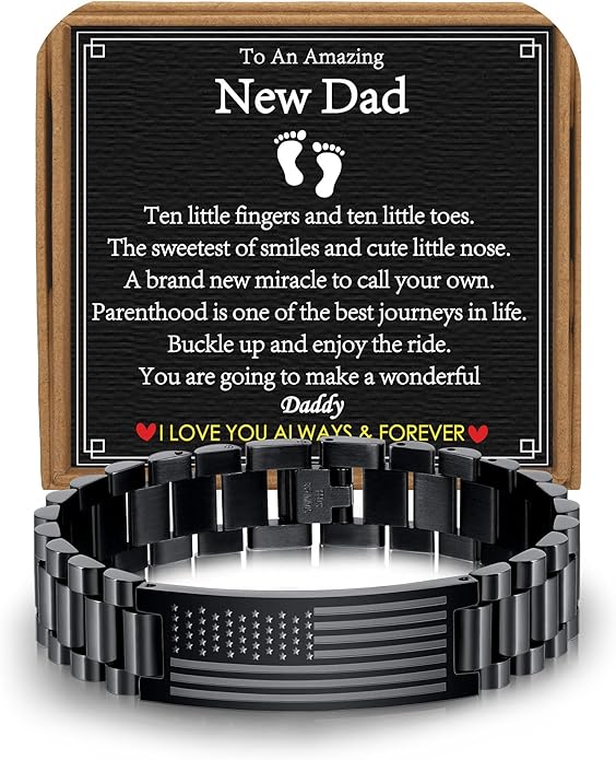 Gifts for Dad Stepdad New Dad Husband, Stainless Steel American Flag Watch Bracelet Birthday Fathers Day Christmas Jewelry Gifts for Men