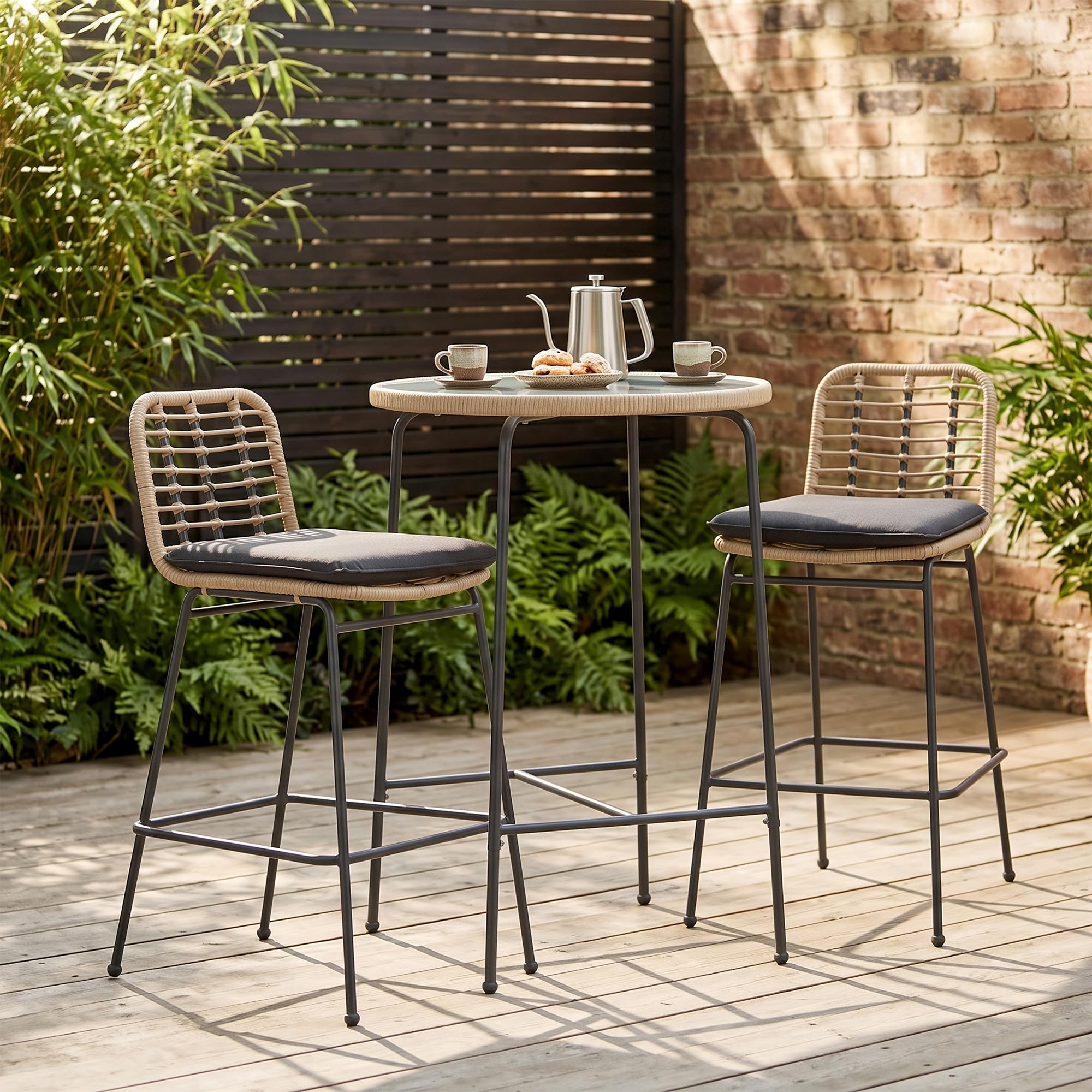 OUTLIVING Rattan Wicker Outdoor Bar Patio Round Table with 2 Cushion Chairs Set for Home Graden Balcony 2 Seater Bar Patio Furniture_(Black)-image-30