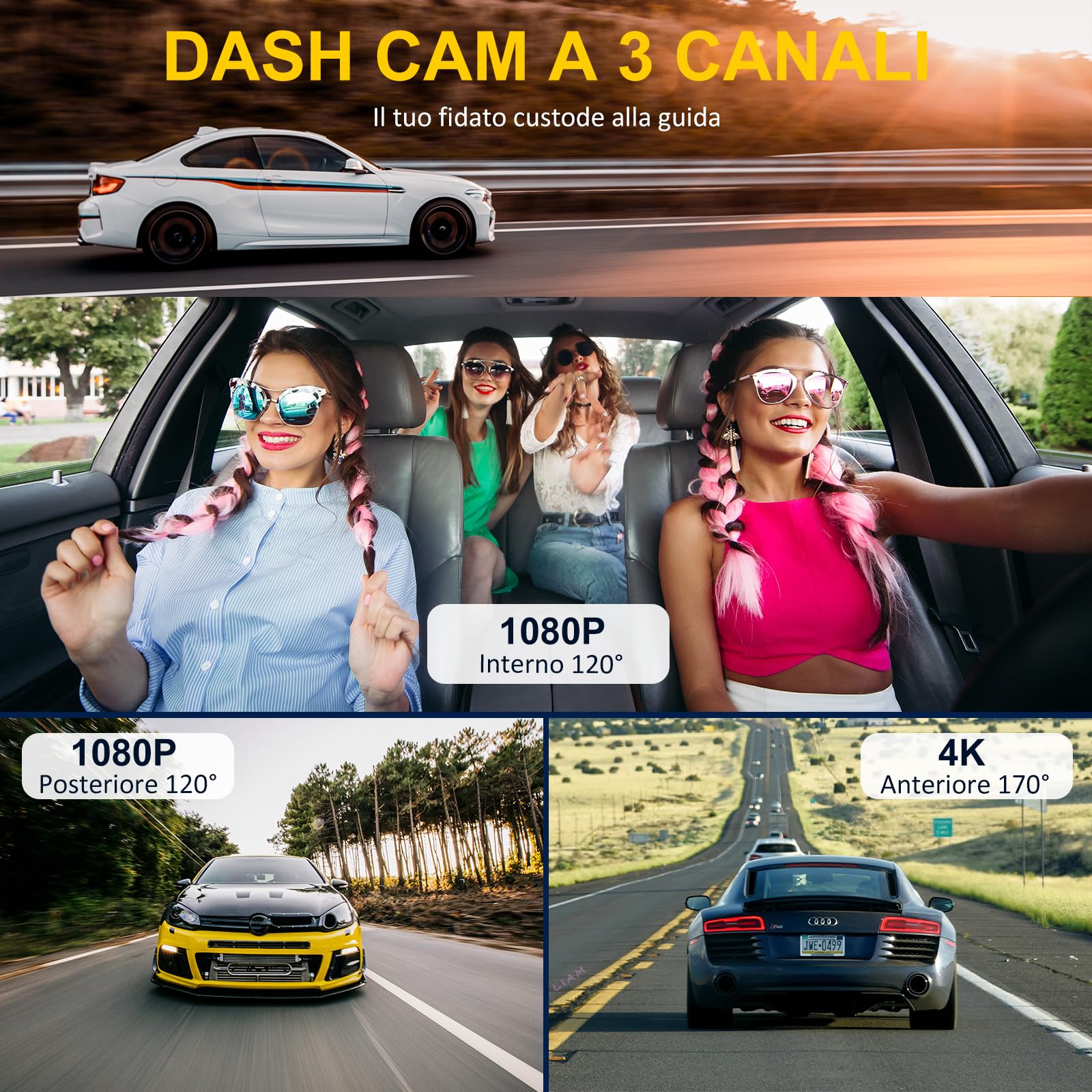 3 Canali Dash Cam Auto, 4K+1080P+1080P Telecamera per auto, 3,17" Display IPS Dash Cam con Scheda SD 64G, 5GHz WiFi, 24H Monitor di Parcheggio, Visione Notturna, WDR, Grandangolo 170°, Sensore G