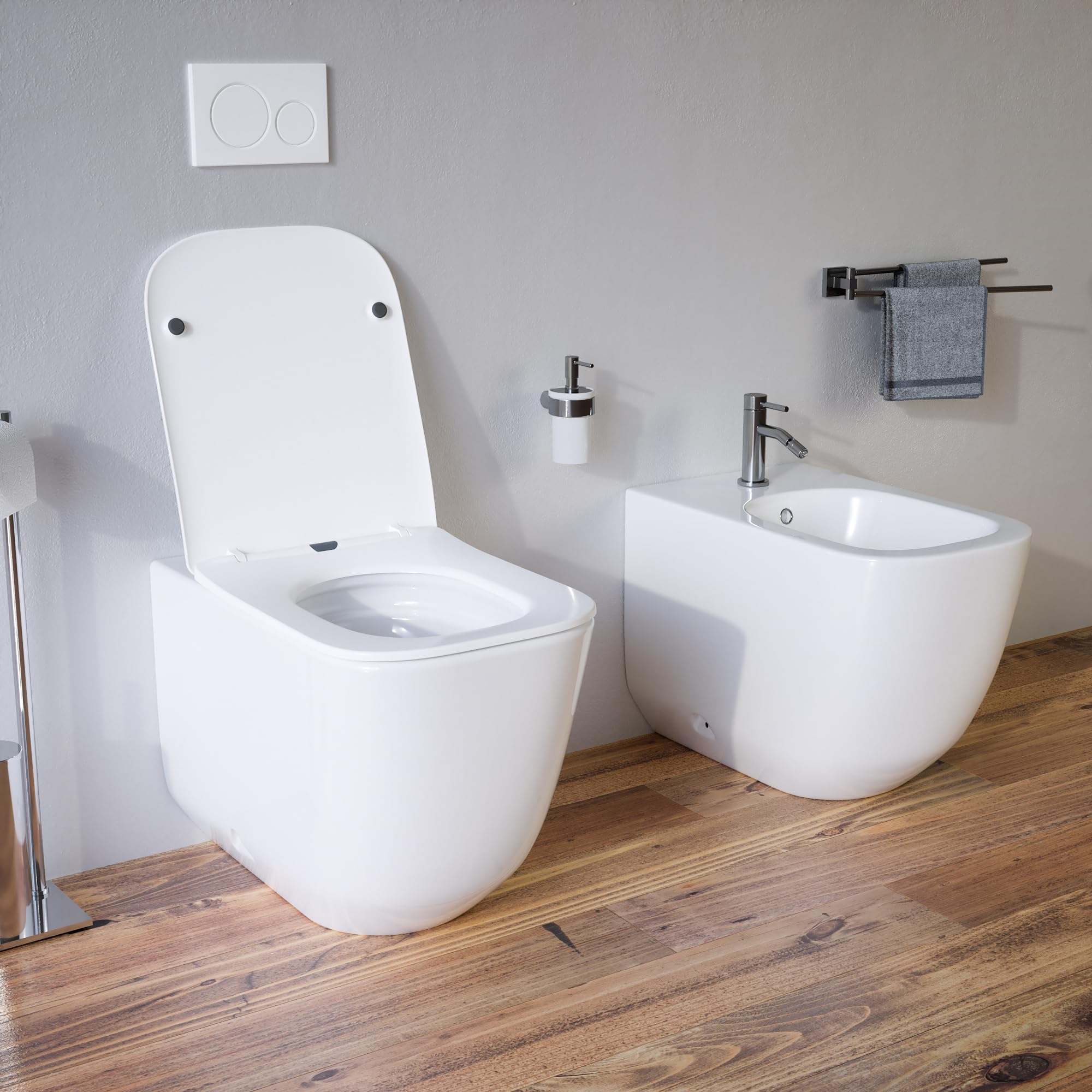 Filomuro - Paire de sanitaires en céramique blanc brillant - Cuvette Tornado Silent Flush - Abattant Soft-Close et bidet modèle Riga