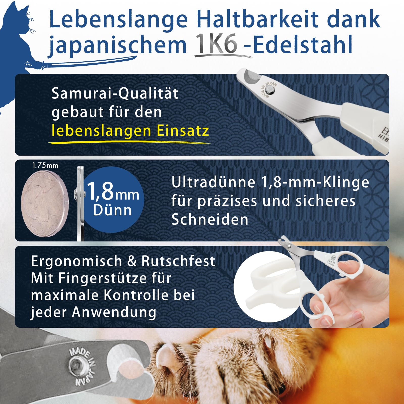 HIBINO Samurai-Qualität Krallenschere Katzen – Tierarzt empfohlen | Katzen Krallenschneider für stressfreies Schneiden | Präzisionsklinge & Rutschfester Griff | Katzen Zubehör Indoor | Made in Japan