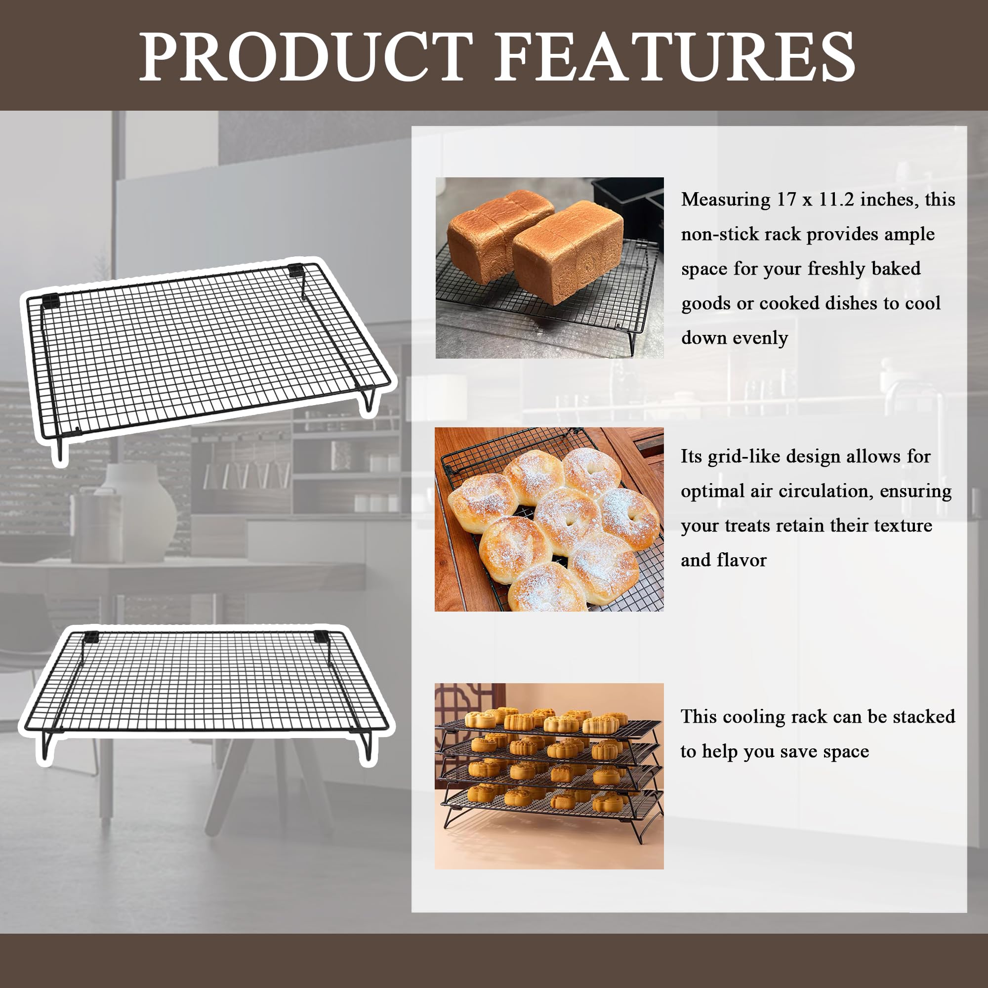 Lot de 2 grilles de refroidissement avec pieds pliables, pour cuisiner, rôtir, sécher, antirouille, anti-adhésif, pour la cuisson, 43,2 x 28,4 cm, noir (2)