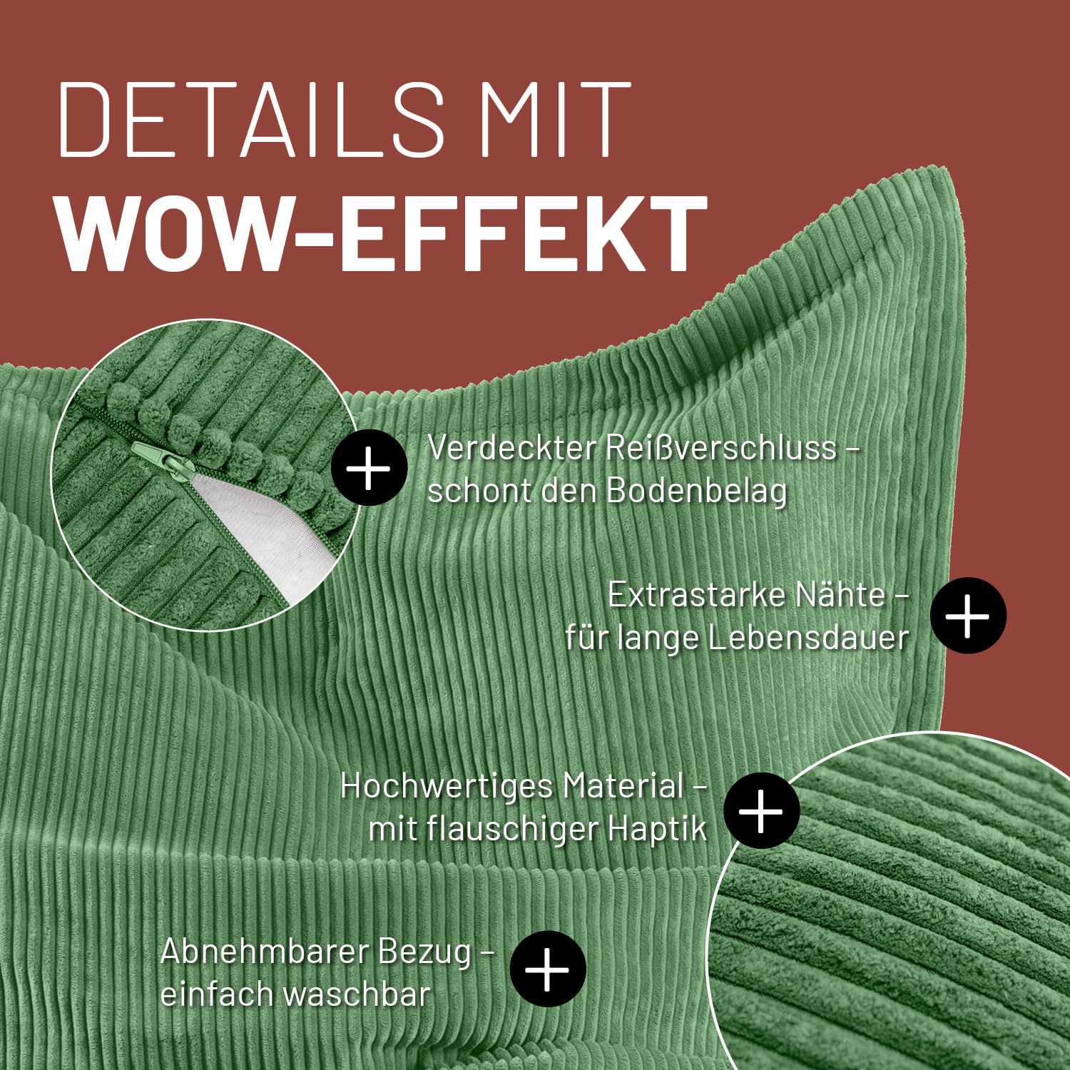 Lumaland Worek do siedzenia Classic XXL Cord, ogromny worek do siedzenia XXL, o miękkiej żebrowanej strukturze, idealny do sofy i foteli sztruksowych, do salonu, sypialni itp. – 380 l, 140 x 180 cm