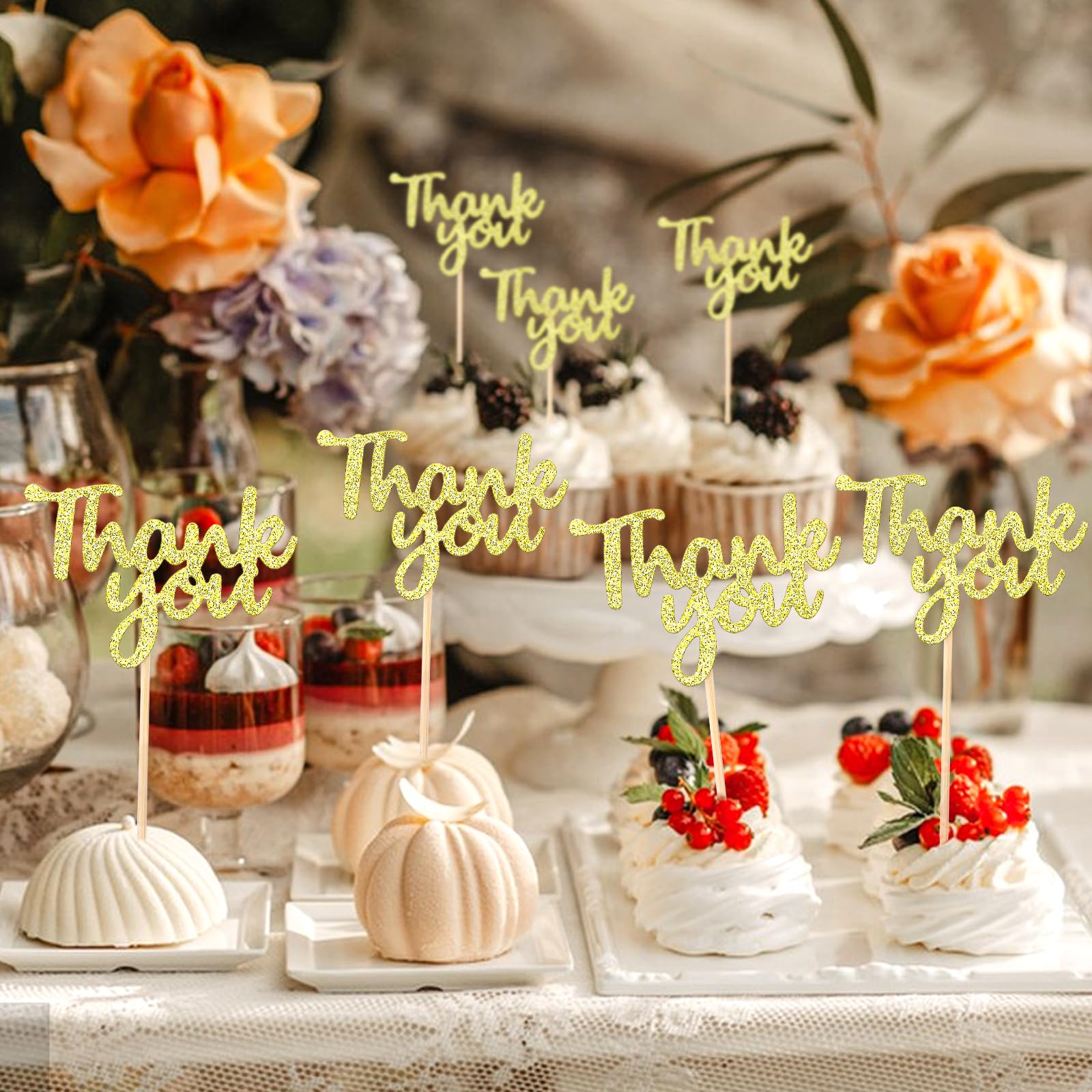 24 decorazioni per cupcake con scritta Thank You, glitterate, per compleanno, anniversario, giorno del Ringraziamento, matrimonio, addio al nubilato, feste, decorazioni per torte, blu