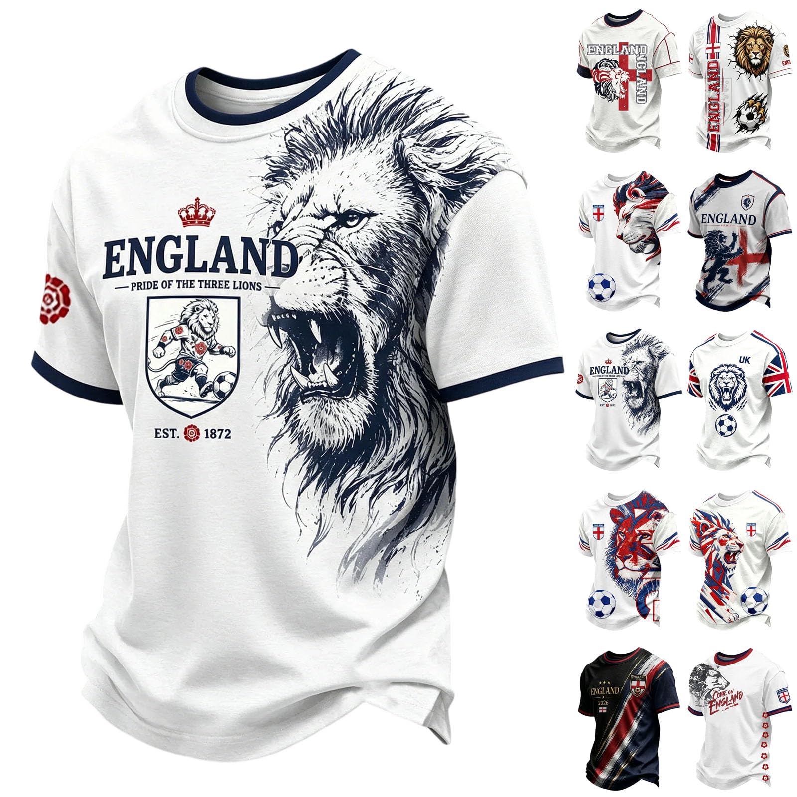 XOLTOAN Men’s England Football Shirt 2026 with Lion Print Short Sleeve Shirt for Supporters of Football Casual National Flag Print Top Outdoor Sports Shirts 2#Light Gray XL